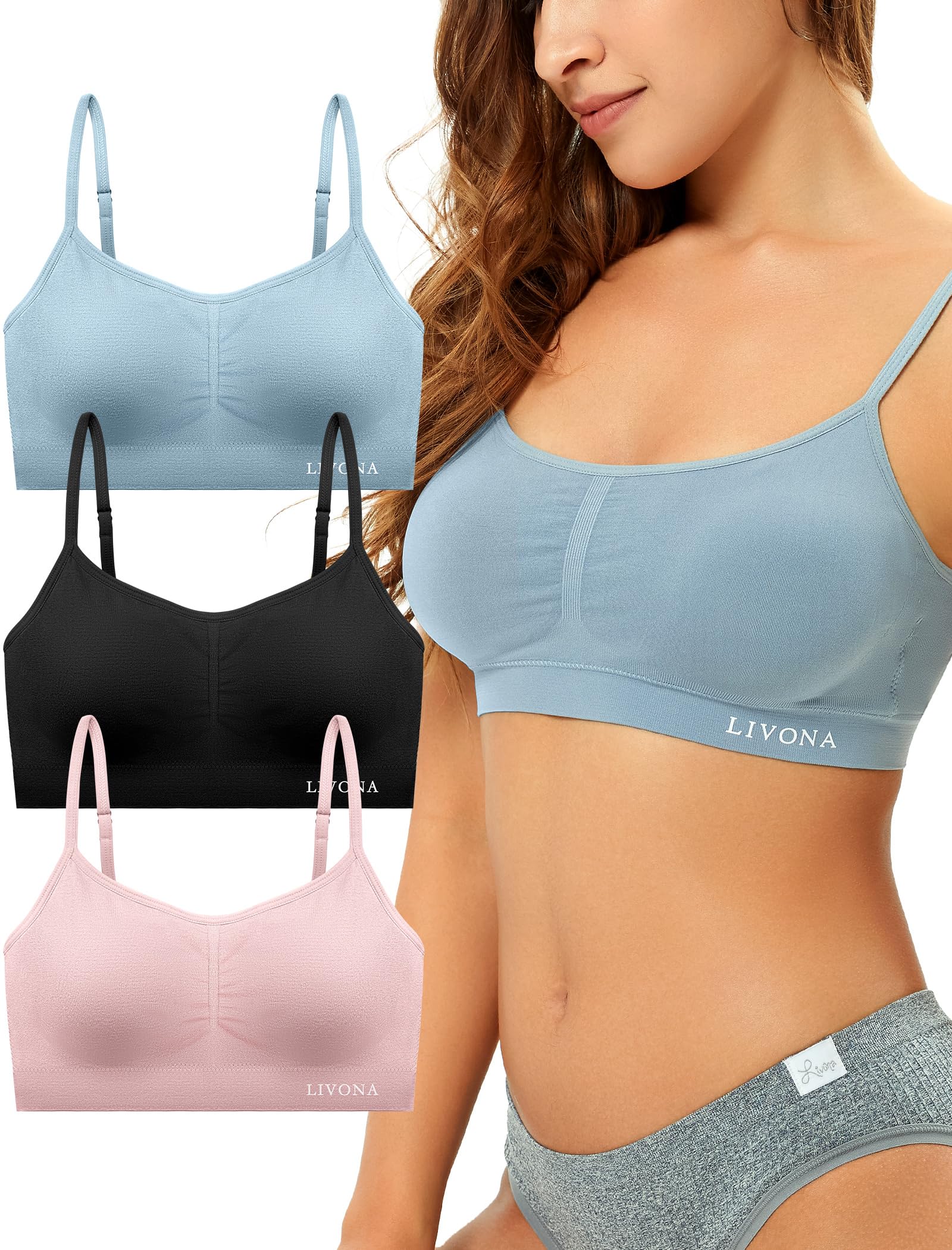 Livona 3 Pack Sports Bras for Women- Wireless Soft Workout Bra, Padded Fitness Bralette, Comfort Crop Cami Tank S-XXL