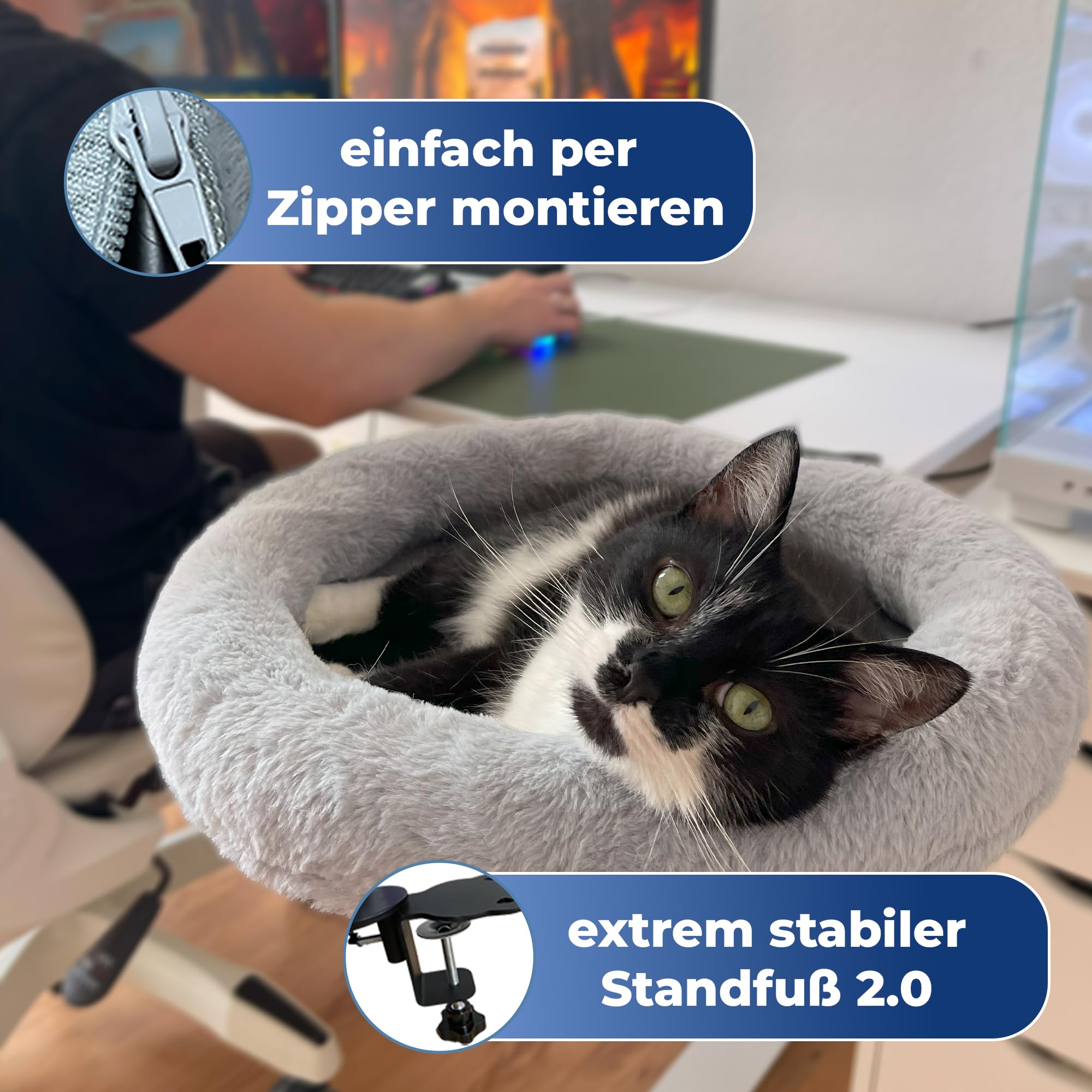 Homeoffice Schreibtisch Katzenkorb - Gemütlich Stabil und Waschbar - [40cm Durchmesser] VERSTÄRKT NEU