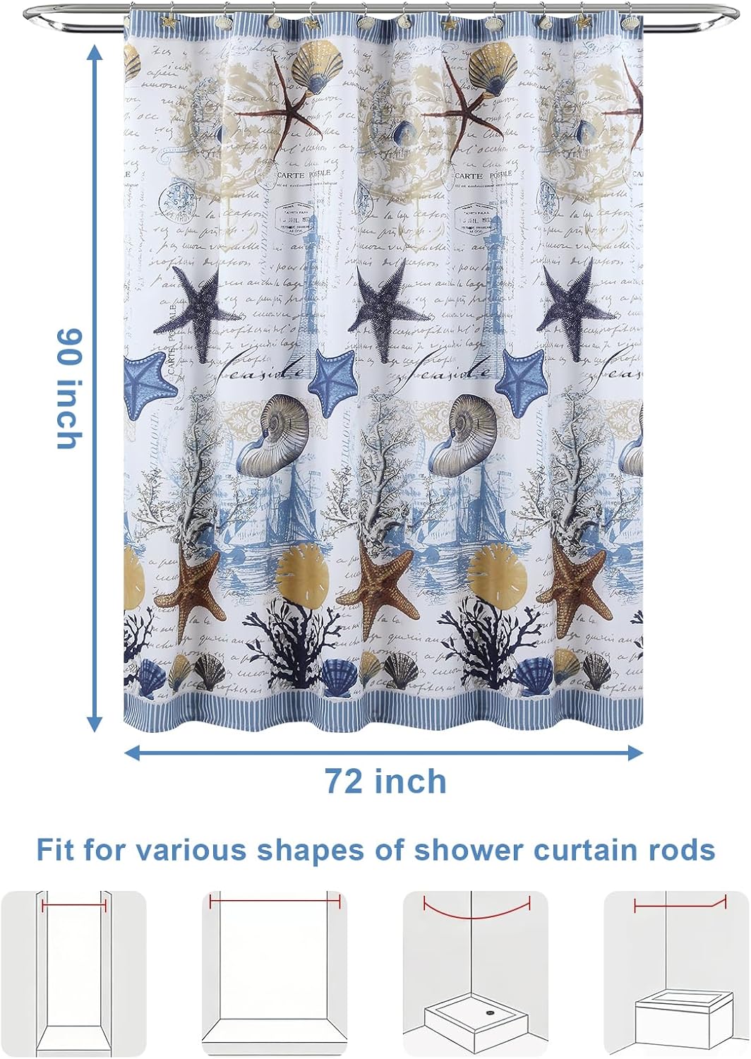 GASIYU Nautical Navy Blue Starfish Ocean Fabric Shower Curtain, Sea Shell Sailing Polyester Bath Curtain, Under the Sea Bathroom Curtains, Extra Long 72" W x 90" H
