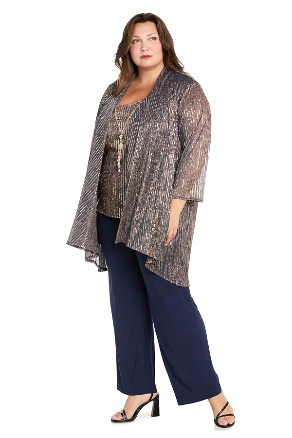 R&M Richards Women's 3-Piece Duster Pant Set - Crinkle Hologram Sequin Tank & Jacket W/Solid Pull-On Pants Navy/Rose by R&M Richards - Image 3
