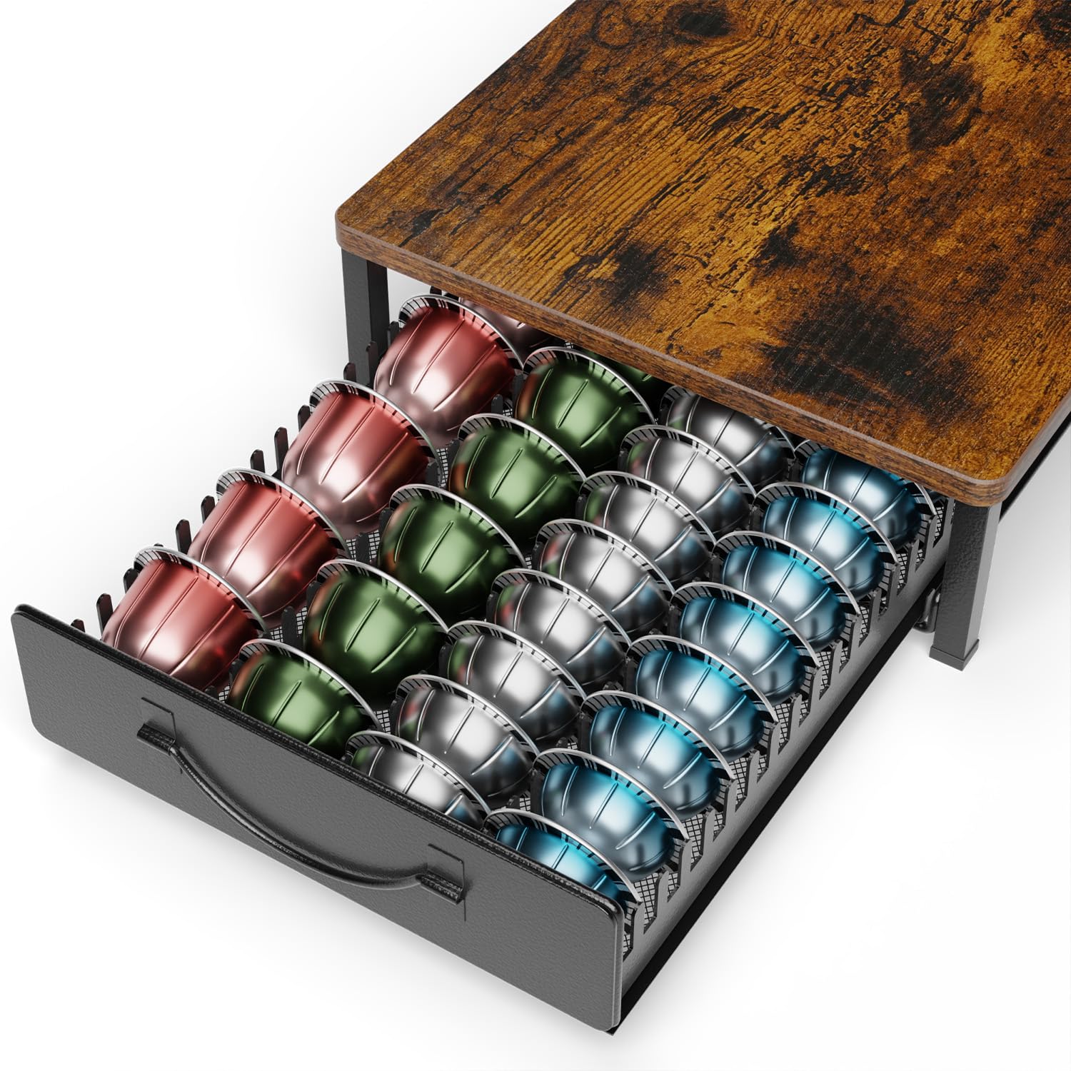 Wielofunkcyjny uchwyt na kapsułki do kawy Nespresso Vertuo 48–24 kapsułki i 32 kapsułki Dolce Gusto, mała szuflada do przechowywania kapsułek Vertuoline z drewnianym blatem, vintage antypoślizgowy