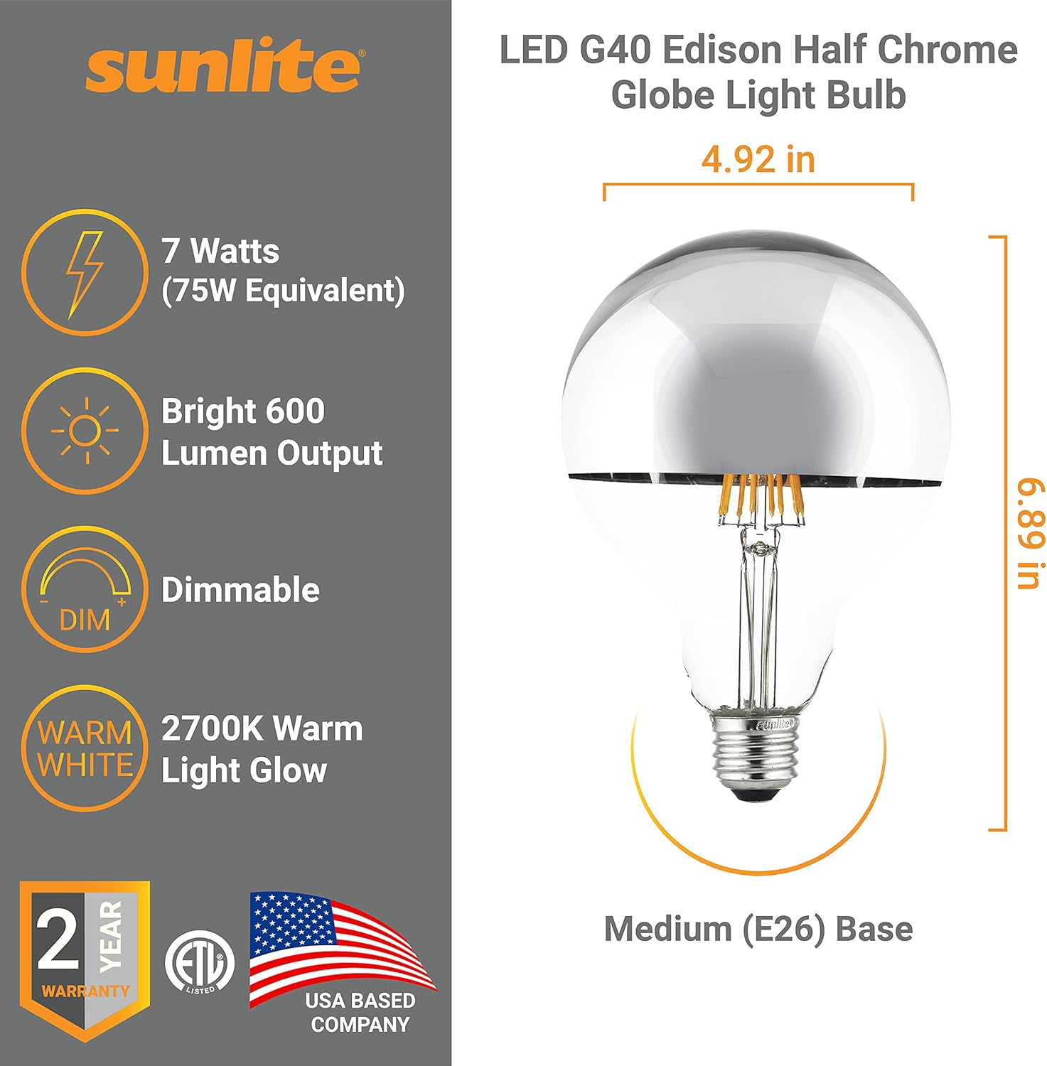 Sunlite LED G40 (G125) Edison Half Chrome Globe Light Bulb, 7 Watts (75W Equivalent), 600 Lumens, Standard E26 Base, Dimmable, Decorative Silver Bowl, Anti-Glare. 2700K Soft White, 3 Pack