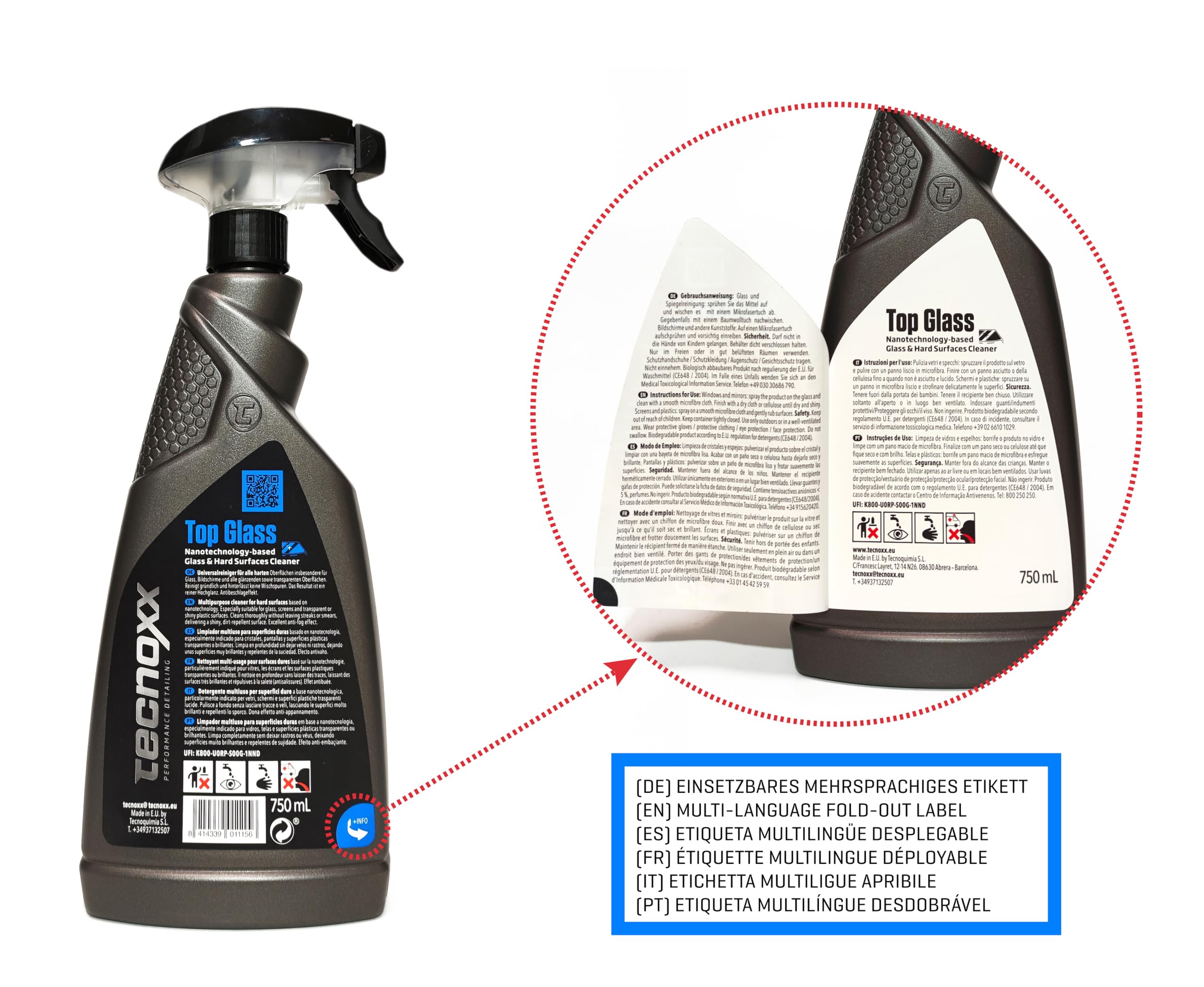 Tecnoxx - Top Glass. Pulitore Multiuso a Base di nanotecnologie per navigatore multimediale Touch Screen, cruscotto del Veicolo e Vetro. Flacone Spray XL da 750 ml