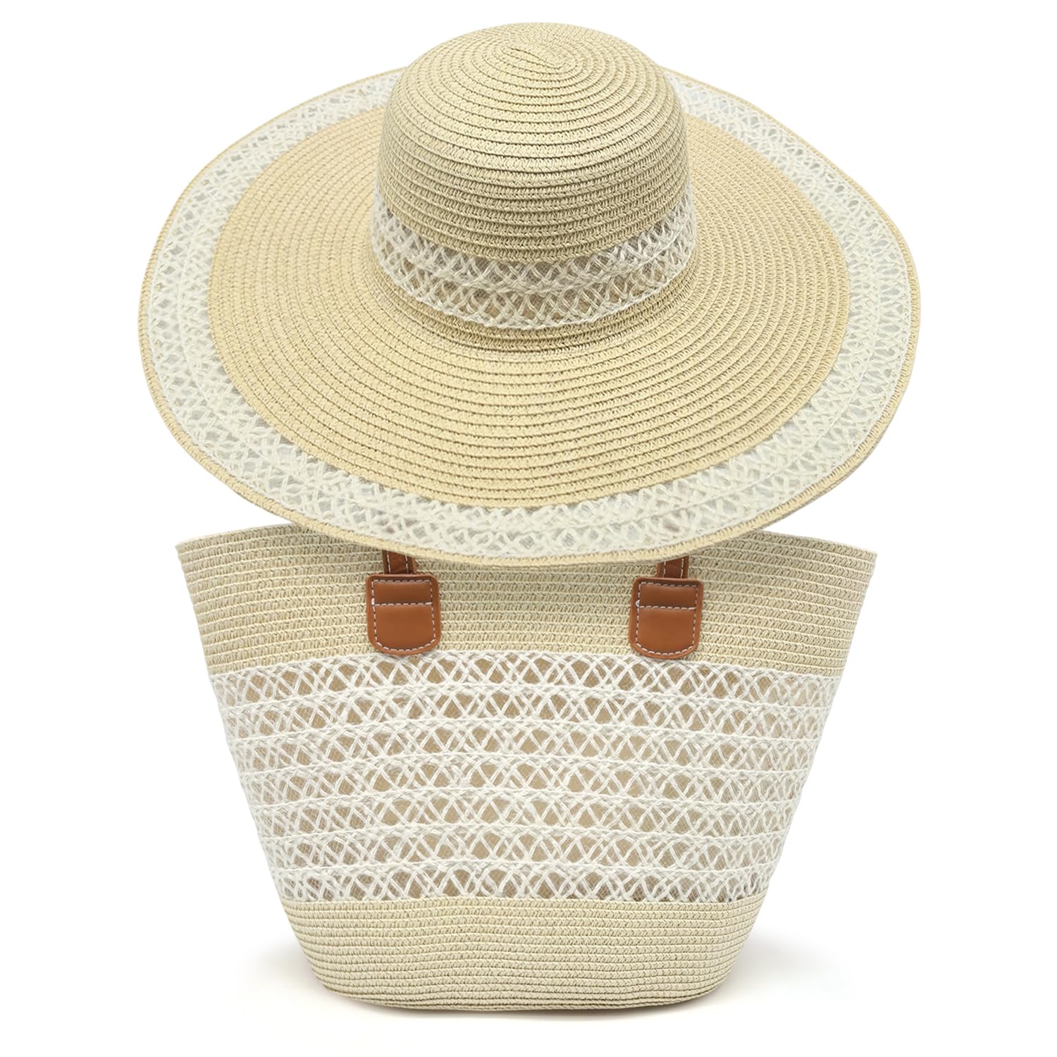 Pahajim Ensemble Sac et Chapeau en Paille Cabas Femme Raphia Chic Sac a Main Ete avec Fermeture Éclair pour Plage Voyage Vacances