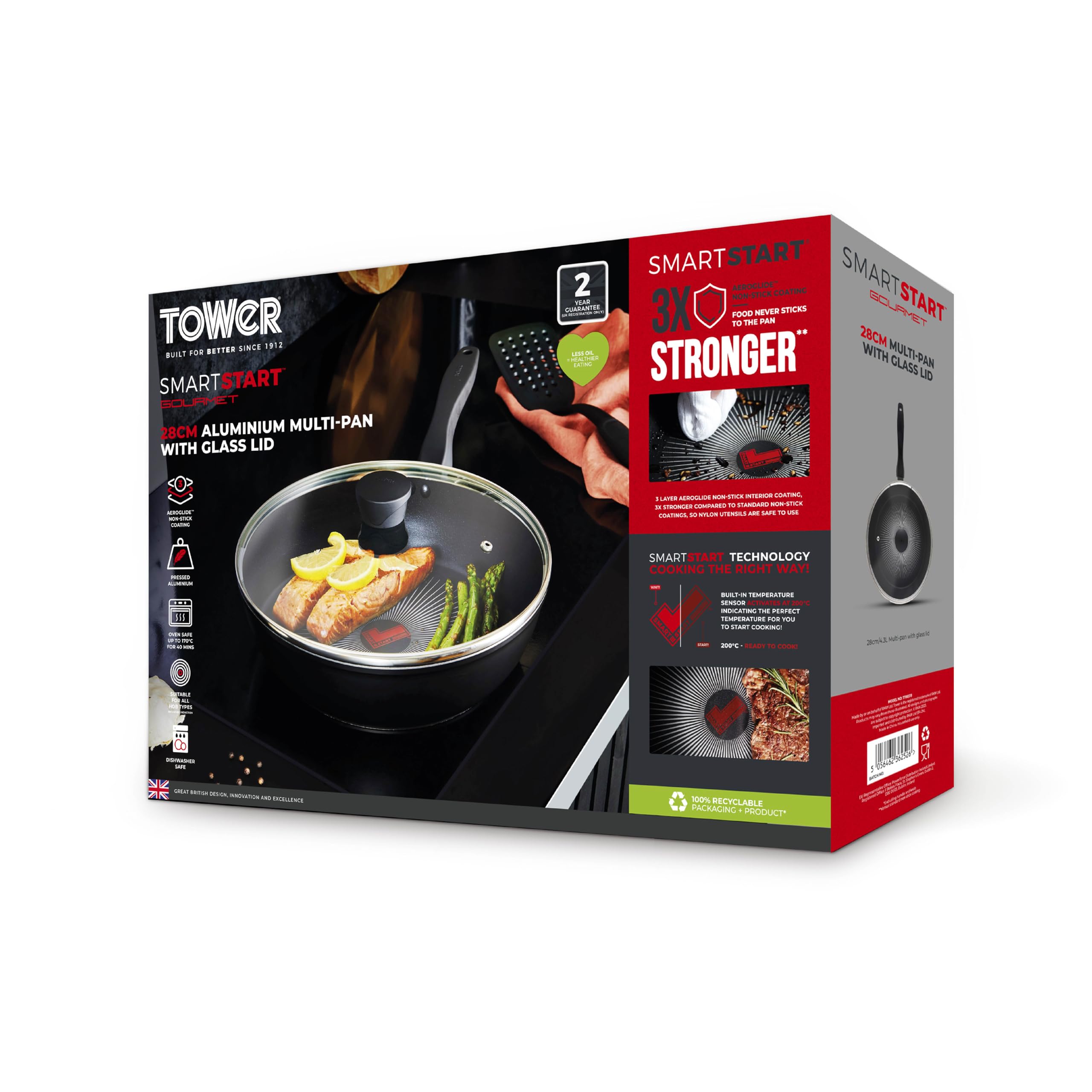 Tower T700318 SmartStart Gourmet - Sartén multisartén y tapa de aluminio con revestimiento antiadherente Aeroglide, compatible con inducción (28 cm)