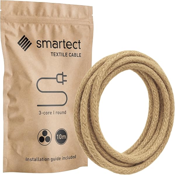 smartect Cable Textil en Color Yute, Cable Electrico 3 Hilos de 10 Metros (3 x 0,75 mm²) Cuerda para Lampara con Revestimiento Textil para su Proyecto DIY - 1