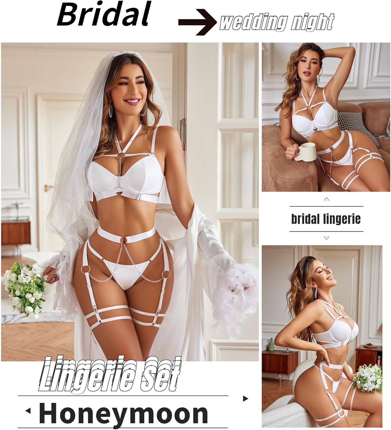 Avidlove Lingerie Set for Women Sexy Strappy 5 Piece Lingerie Garter with Underwire Push Up Bra and Chain - Image 4