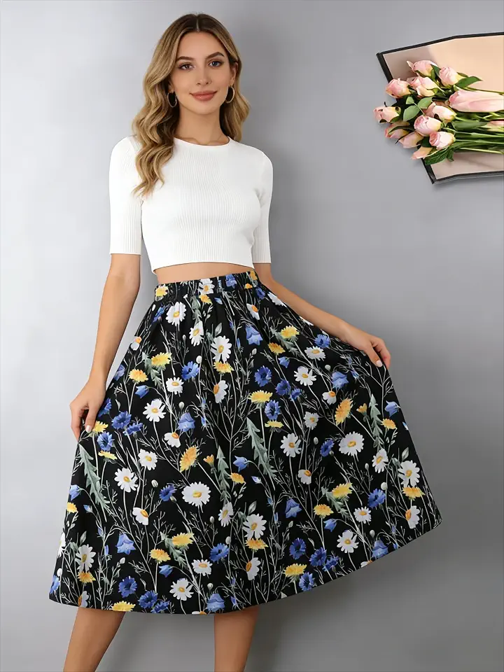 Falda Midi Floral Tallas Grandes con Cintura Alta y Corte Acampanado