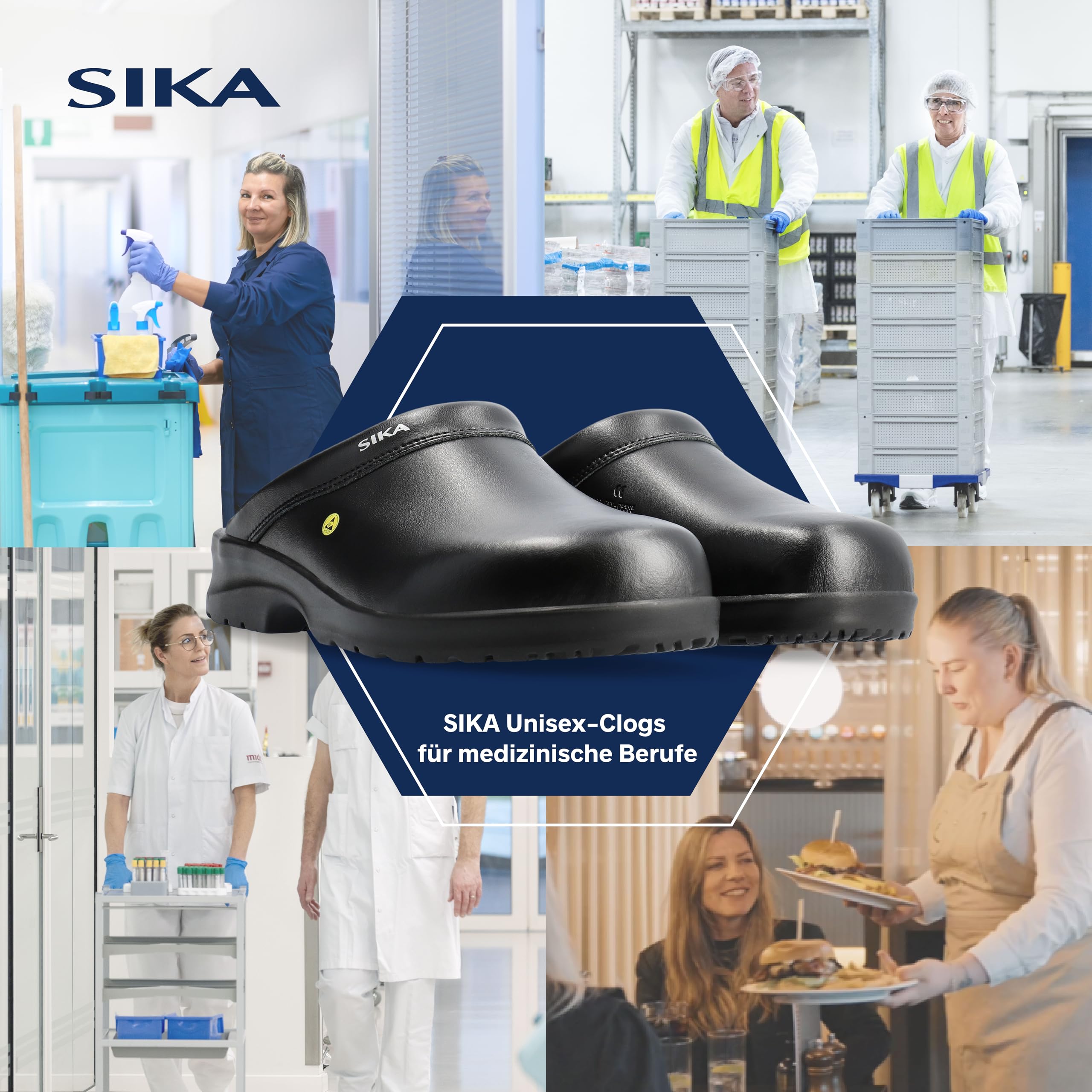 SIKA Unisex-Clogs für medizinische Berufe, rutschfeste Arbeitsschuhe, Permair-Leder, stoßdämpfende Sohle, ESD-geprüft, waschbare Innensohle, professionelle Clogs für Service- und Reinigungsmitarbeiter
