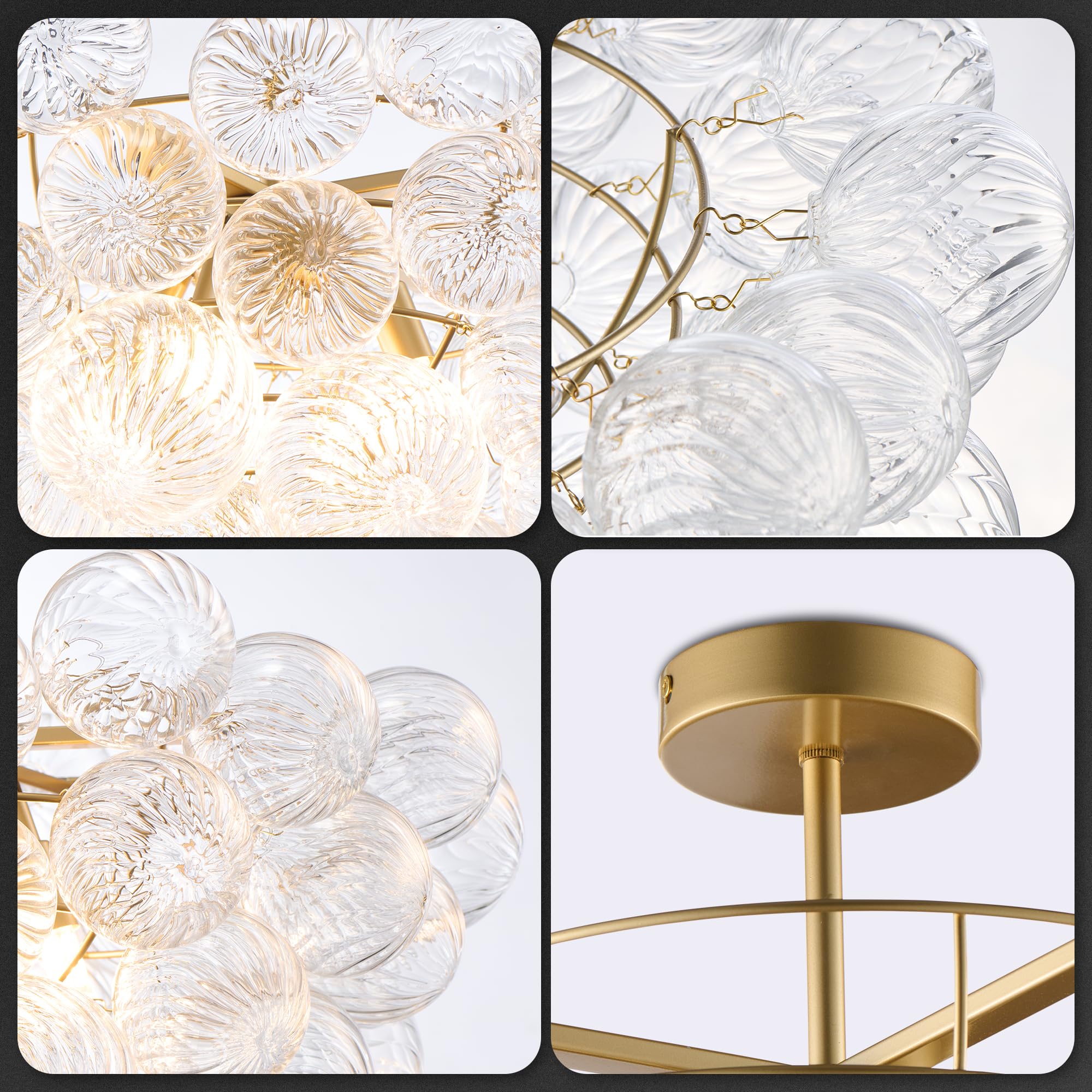 Gold Kronleuchter,Bubble-Glas Deckenleuchte, 6 Leuchten Pendelleuchte,D60 x H45 cm Einbau-Deckenleuchte für Wohnzimmer für Küche Esszimmer Schlafzimmer Flur (60 × 45 Einbau)