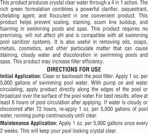 Miniatura 5 de Robelle Tratamiento de agua concentrado 4 en 1 de 1 cuarto de galón, clarificador de piscina, fabricado en Estados Unidos