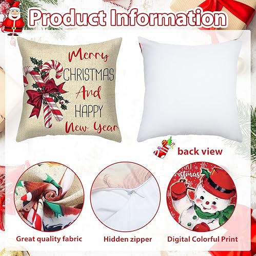 Miniatura 3 de Juego de 6 fundas de almohada vintage de Navidad de 18 x 18 pulgadas, fundas de almohada cuadradas retro de Navidad, Papá Noel, bastón de caramelo,