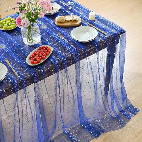 Horaldaily Royal Blue Gold Sparkling Star Gauze Tablecloth 60x84 Inch