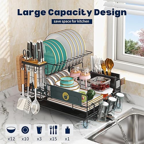 Miniatura 2 de Escurridor de platos para encimera de cocina, juego de escurridor de platos de acero inoxidable de 2 niveles, soporte para utensilios, soporte para