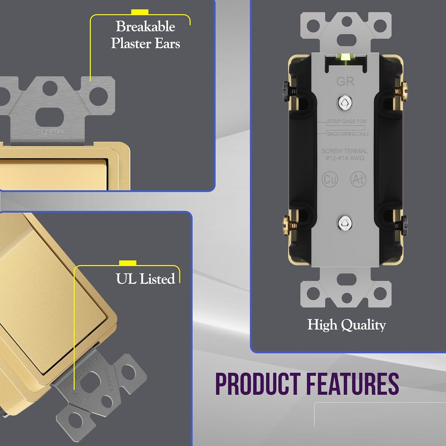ENERLITES 4-Way Decorator Light Switch, Four Way Paddle Rocker Switch, Gloss Finish, Ground Wire Lead Attached, Residential/Commercial Grade, 15A 120V/277V, UL Listed, 94150-GD10P, Gold (10 Pack)