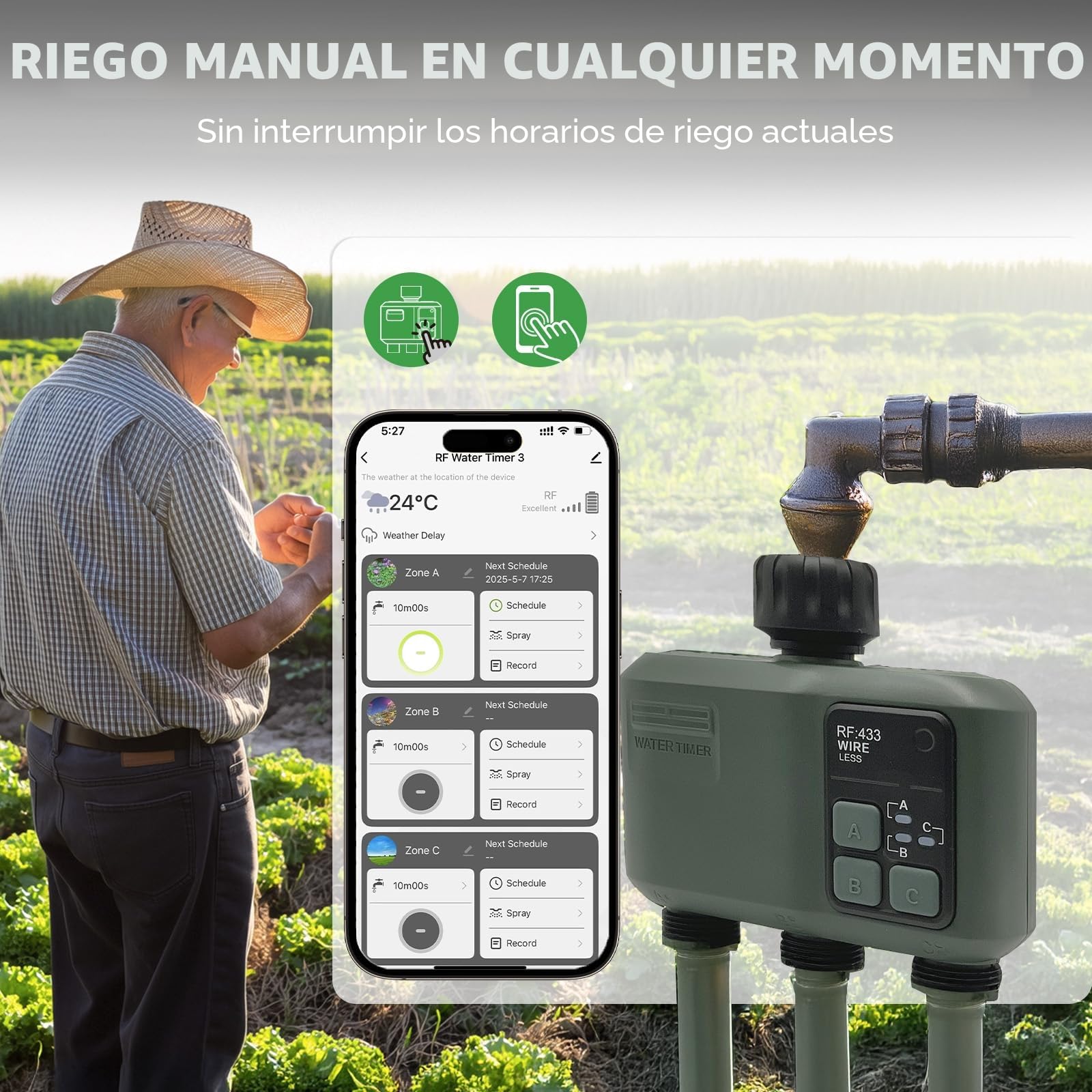 johgee Programador Riego WiFi 3 Salidas con tecnología RF 433 500M, riego temporizado Inteligente con App, Control por Voz Alexa, 6 horarios de riego, Temporizador de riego automático para jardín
