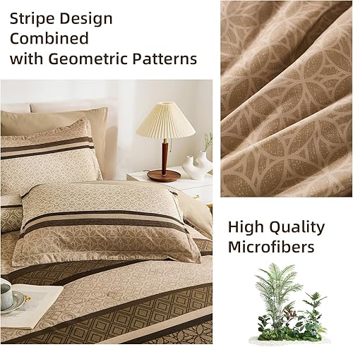 Miniatura 8 de WONGS BEDDING Juego de edredón de 7 piezas, tamaño Queen, juego de edredón y sábanas a rayas marrones, juego de ropa de cama bohemio suave y ligero