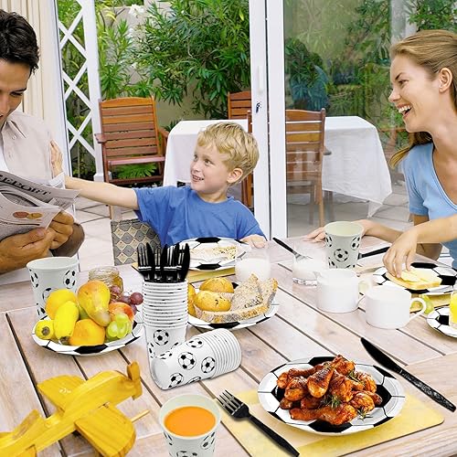Miniatura 3 de Suministros de fiesta de fútbol, 120 piezas de vajilla para fiesta de cumpleaños de fútbol, incluye platos de papel de fútbol, servilletas, tazas y