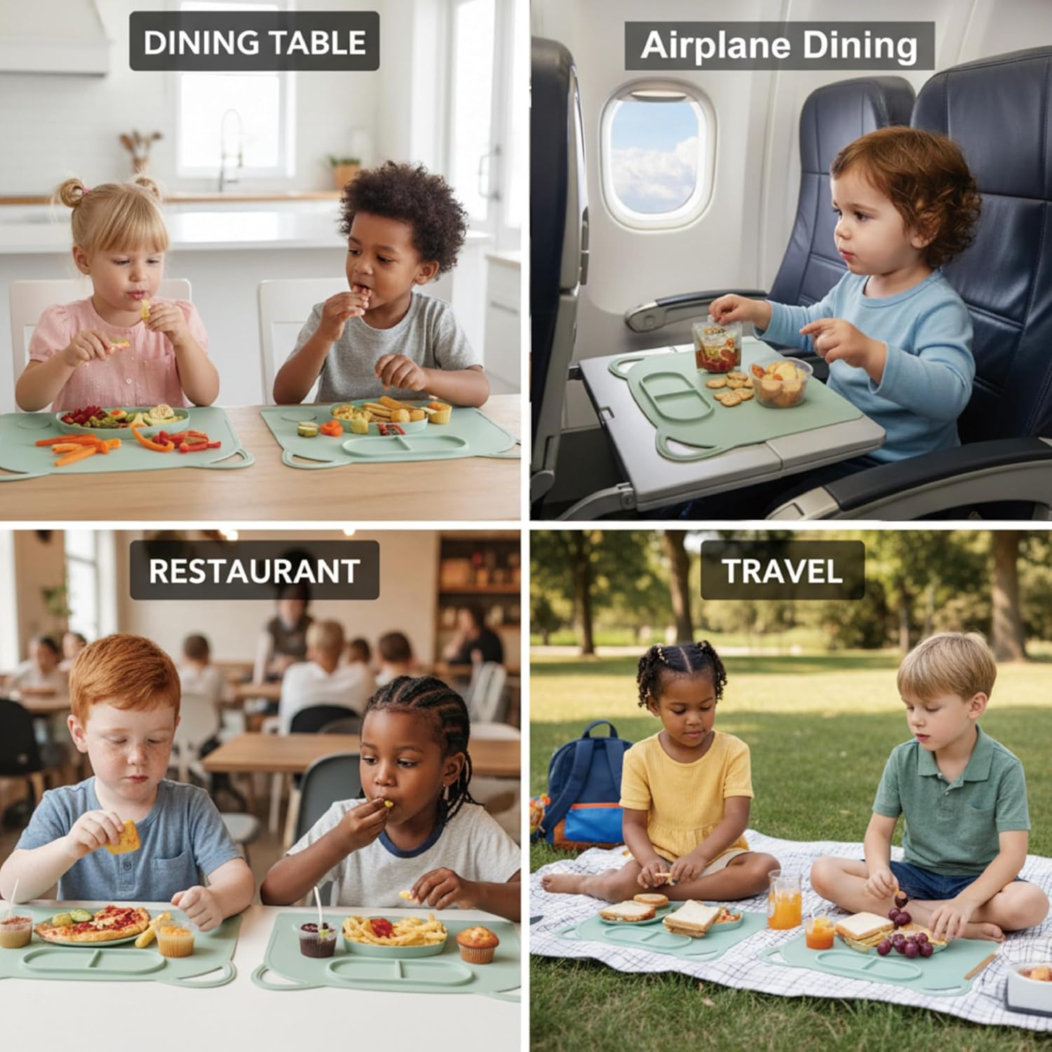 Domensi Large Silicone Suction Placemat with Teething Edge Bumper/Spill for Baby Toddlers Kids with Storage Bag, Non-Slip Dinning Table Mat, Dishwasher Safe for Table(Blue Green,2 Pack)