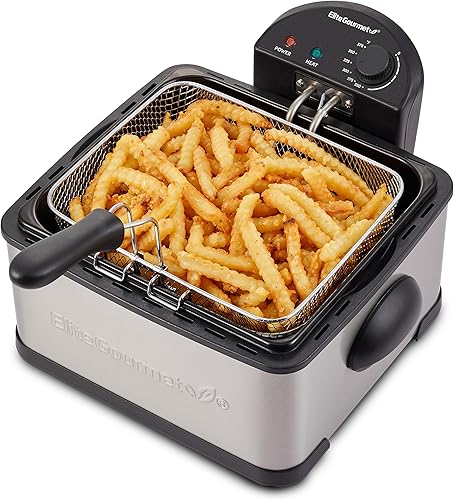 Elite Gourmet Freidora eléctrica de 4.2 cuartos de galón de capacidad de aceite con perilla de temperatura, 1 cesta de 4 cuartos de galón, potente
