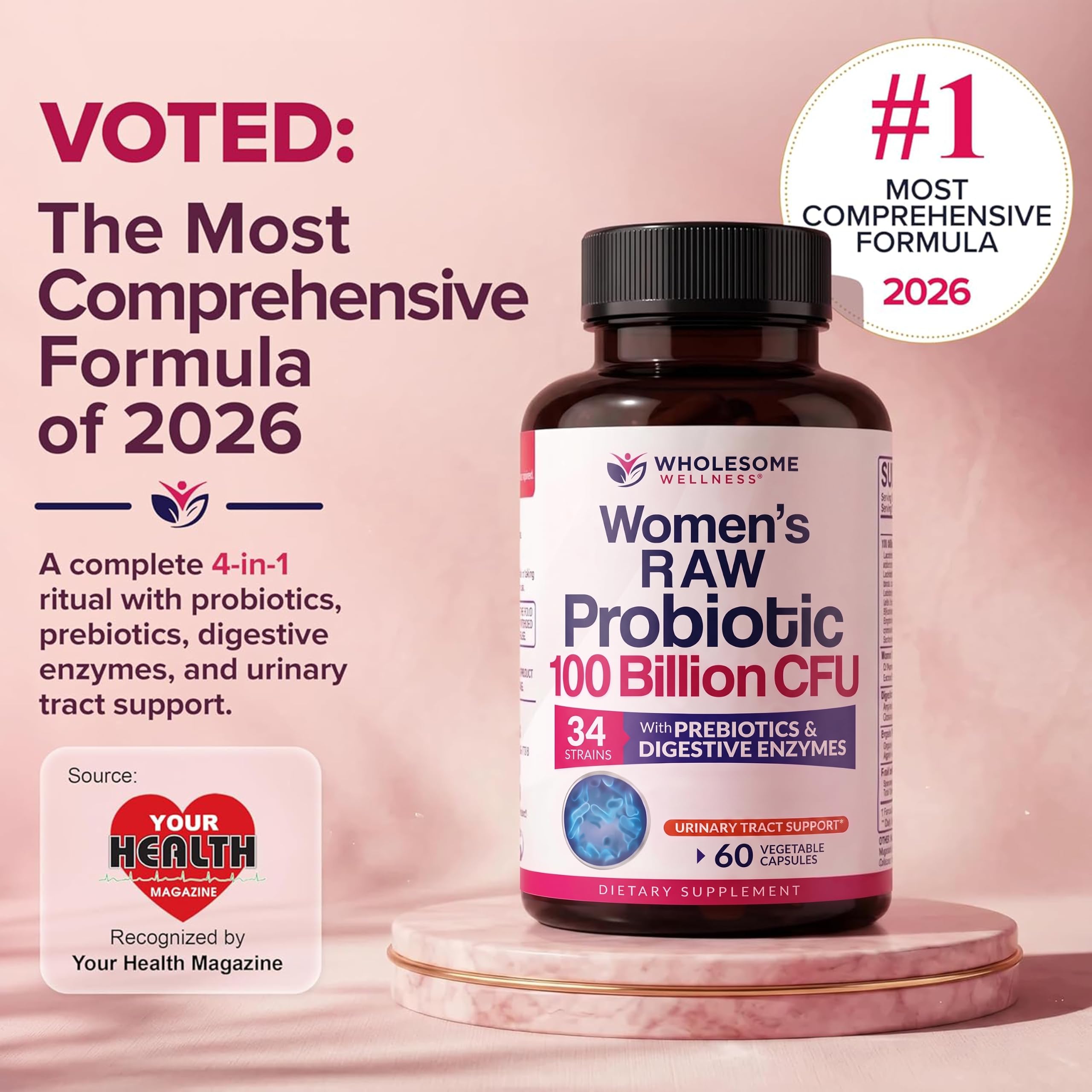 Wholesome Wellness Dr. Formulated Raw Probiotics for Women 100 Billion CFUs Capsules with Prebiotics, Probiotcs and Digestive Enzymes, Approved for Adults — Amazon image 2