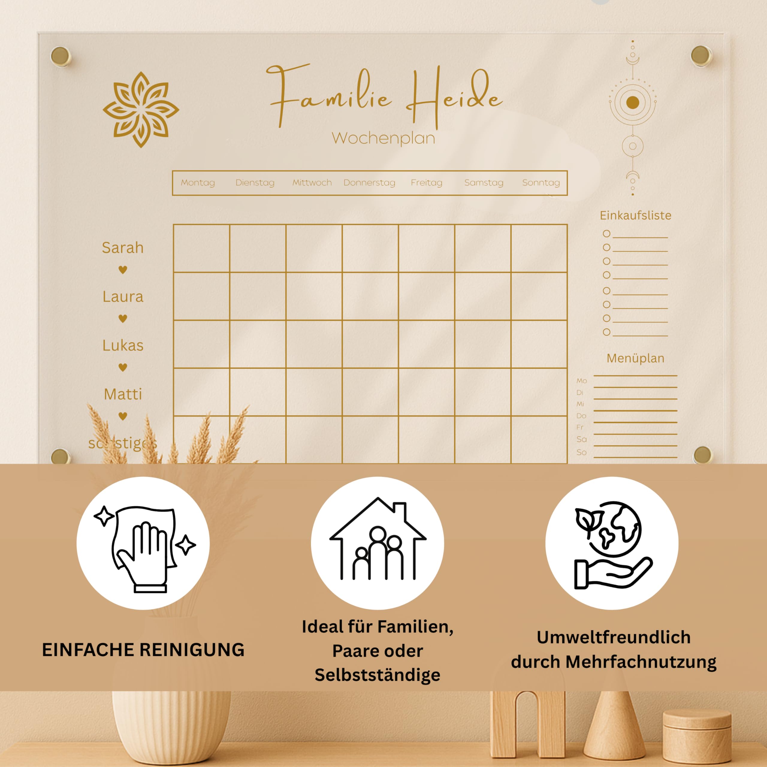 EmiliaLotte Personalisierter Familienplaner aus hochwertigem Acryl I Abwischbarer Wand Kalender für die ganze Familie I Wiederverwendbarer Wochenplaner mit Einkaufsliste, Menüplan & Mehr - Esoterik