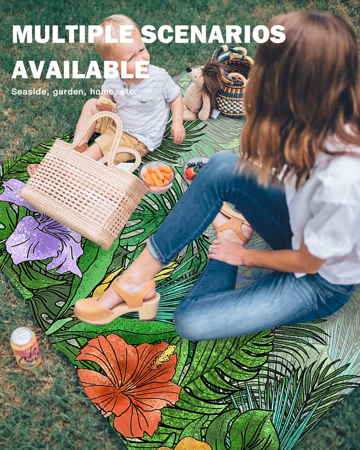 Beach Blanket, Watercolor Nature Tropical Floral Green Leaf Birds Sandproof Beach Mat 83"x79" Outdoor Picnic Blankets Rainforest Botanical Portable Picnic Mats for Vacation, Travel, Camping, Hiking