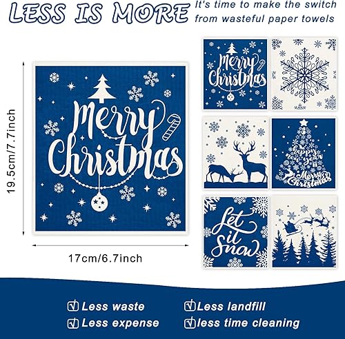Miniatura 2 de Whaline 6 paños de cocina suecos de Navidad, color azul y blanco, con copos de nieve, reutilizables, lavables, de algodón, para cocinar, limpiar,