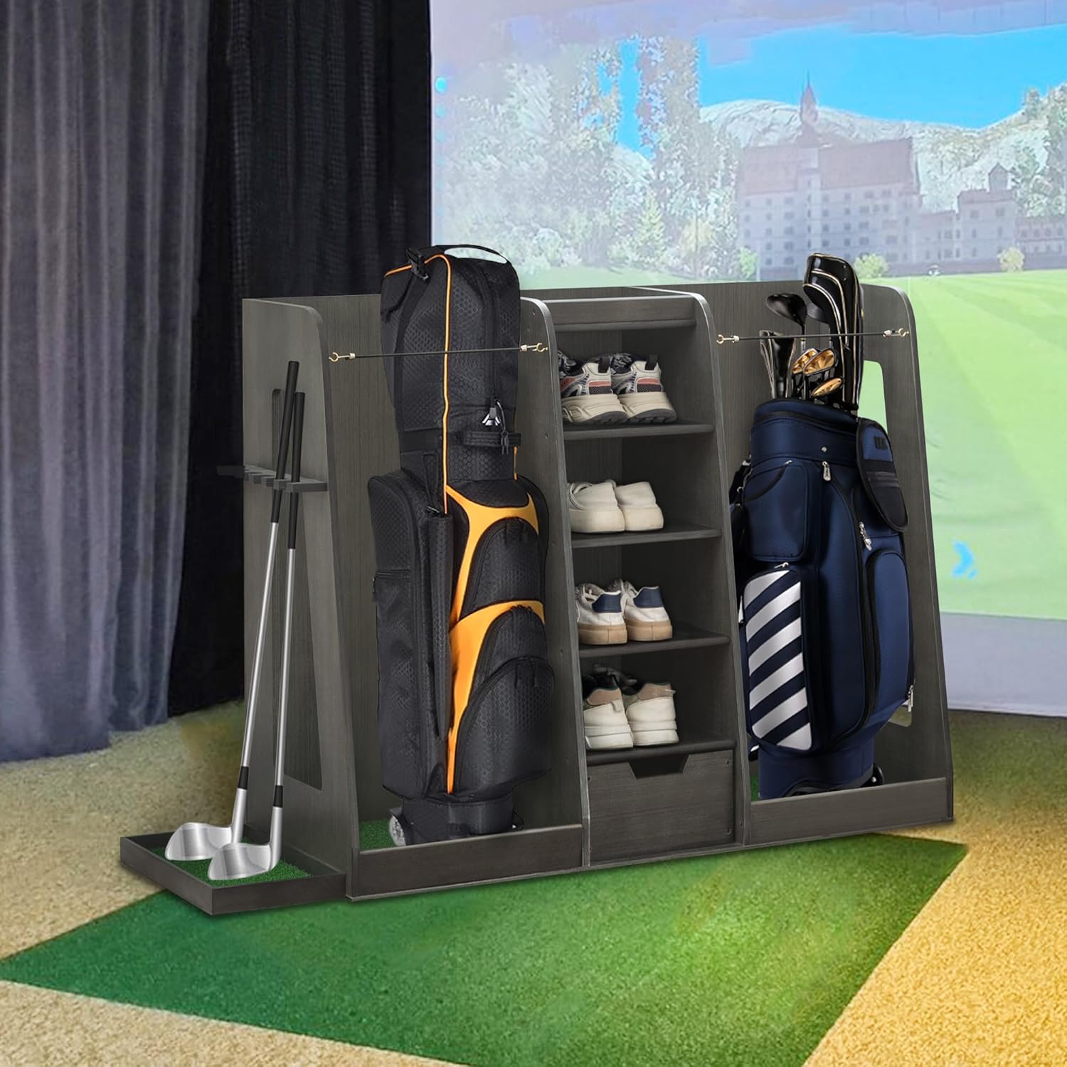Golf Bag Organizer Storage Rack Large Wooden, Golf Club Stand Holder with Drawer, Sports Equipment Rack for Garage, Practice Room, Home or Office