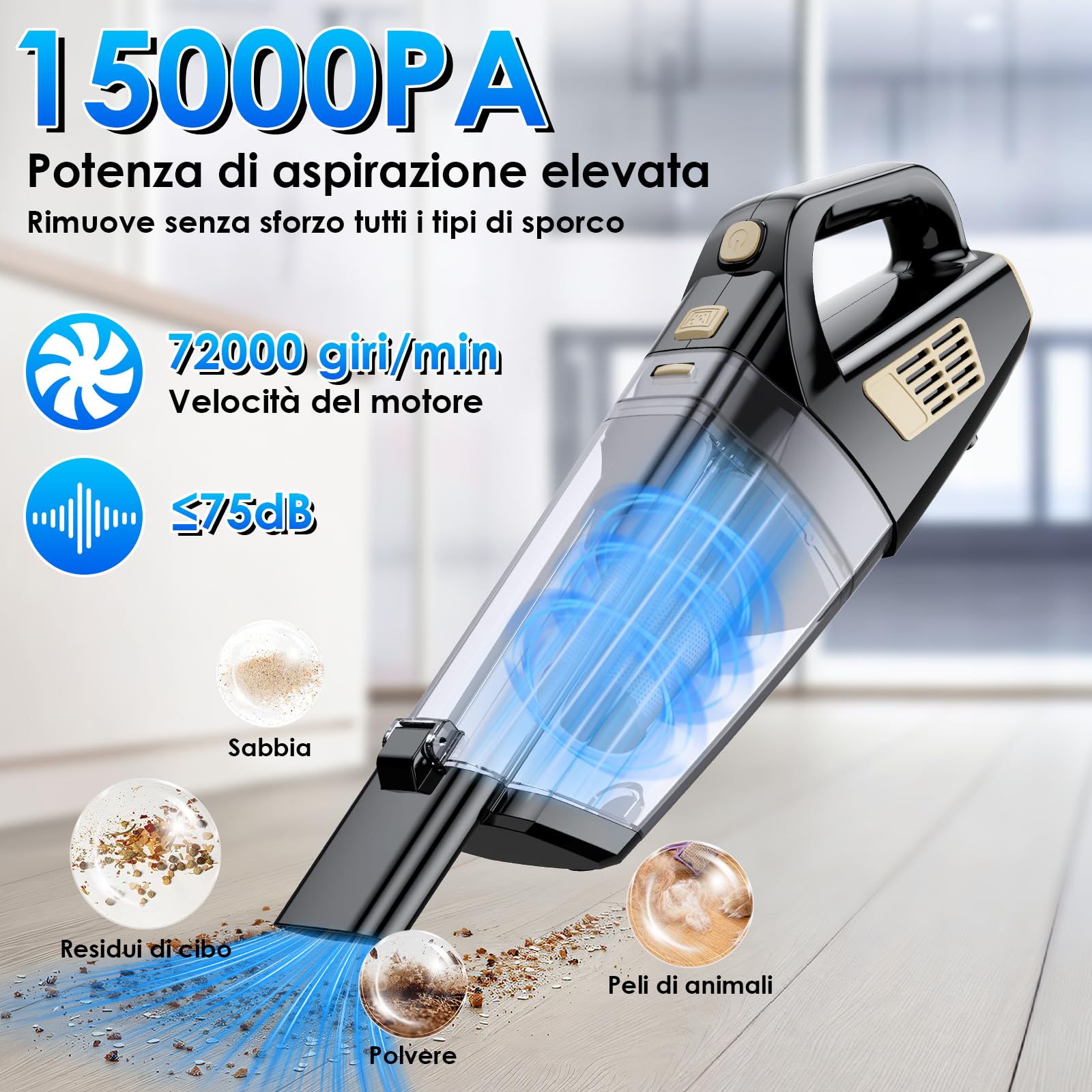 Aspirapolvere Potente, 15000pa Aspirapolvere Auto, Aspirabriciole Senza Fili con 2 Filtri, Potente, leggero e portatile, Durata della batteria fino a 30min, per auto, casa e peli di animali domestici