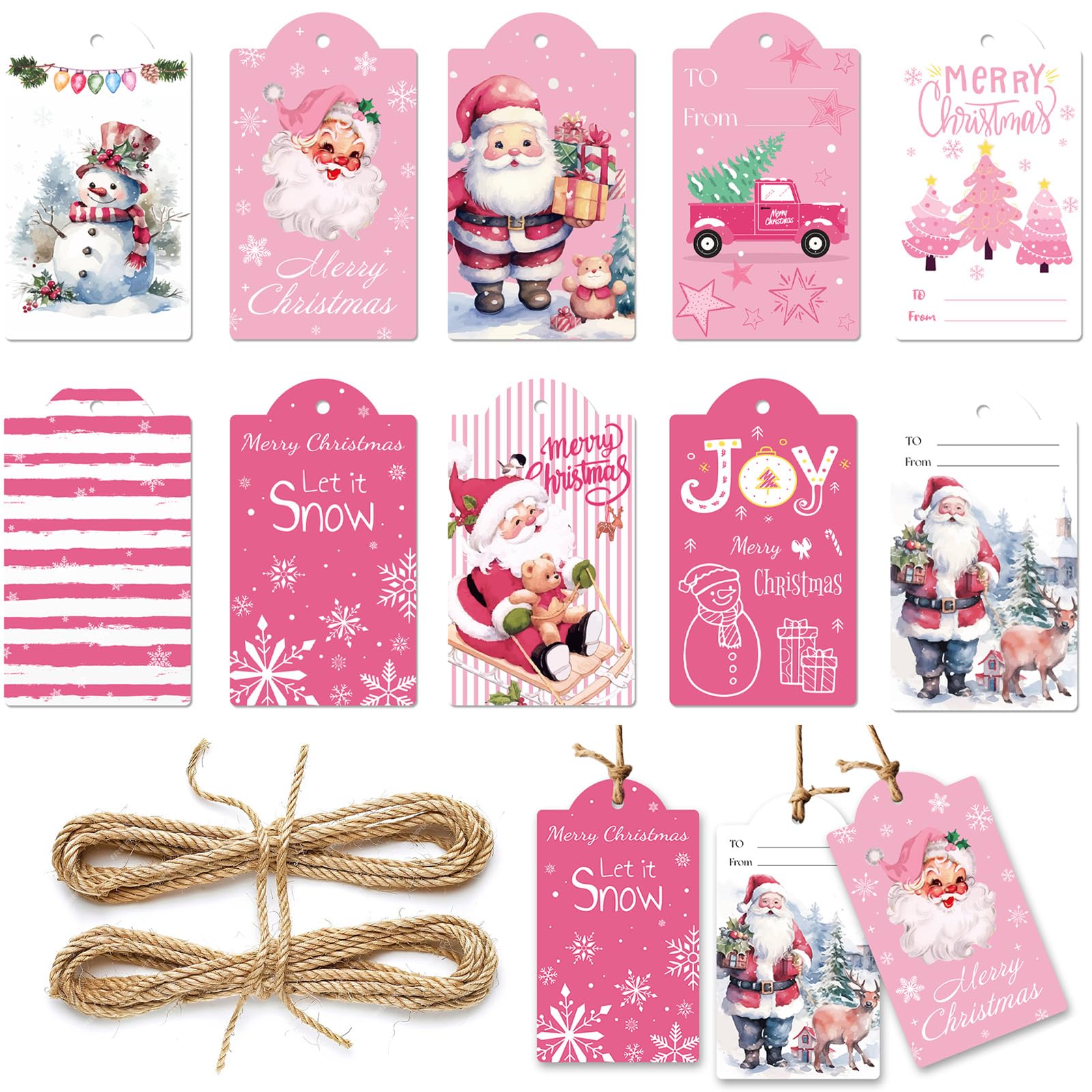 MORAINJAY 60 Pcs Pink Christmas Tags, Xmas Gift Labels with String