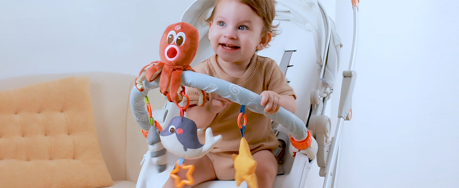 Arche D'Activité Bébé TUMAMA – Jouets Suspendus Animaux Marins Pour Siège Auto, Poussette, Berceau – 4 Hochets Sensoriels Détachables – Dès 0 Mois – Bleu