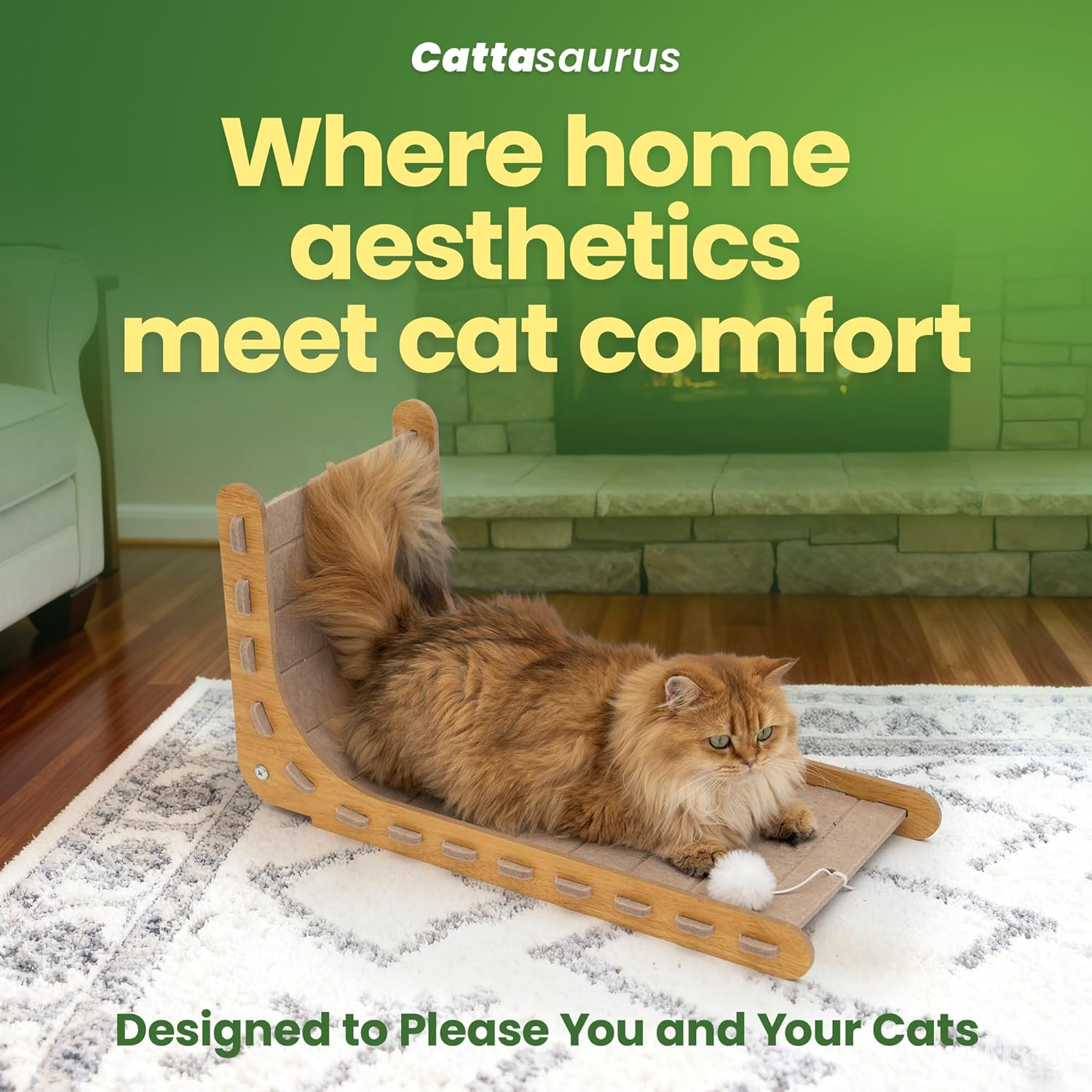 Cattasaurus Claw-Resistant L-Shaped Cat Scratcher, Premium 9mm Felt Wall Mount, 24" Height with Dangling Ball Toy, Vertical Scratching Post, Easy Assembly (Beige)