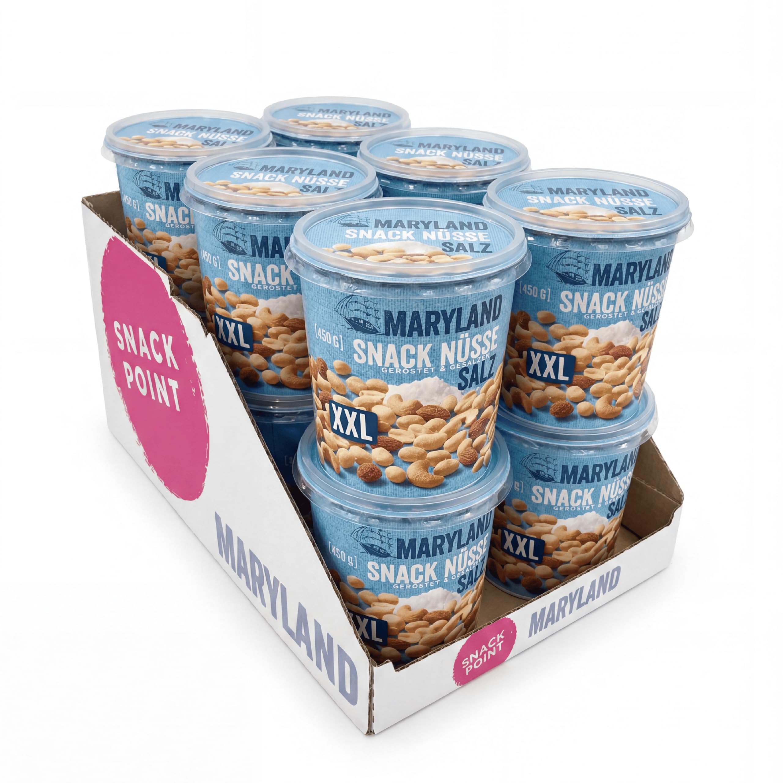 Maryland Snack Nüsse geröstet & gesalzen XXL 12 x 450g Becher - Erdnüsse, Cashewkerne und Mandeln in Nussmischung - klassisch geröstet & gesalzen - wiederverschließbarer Becher (12 x 450 g XXL)