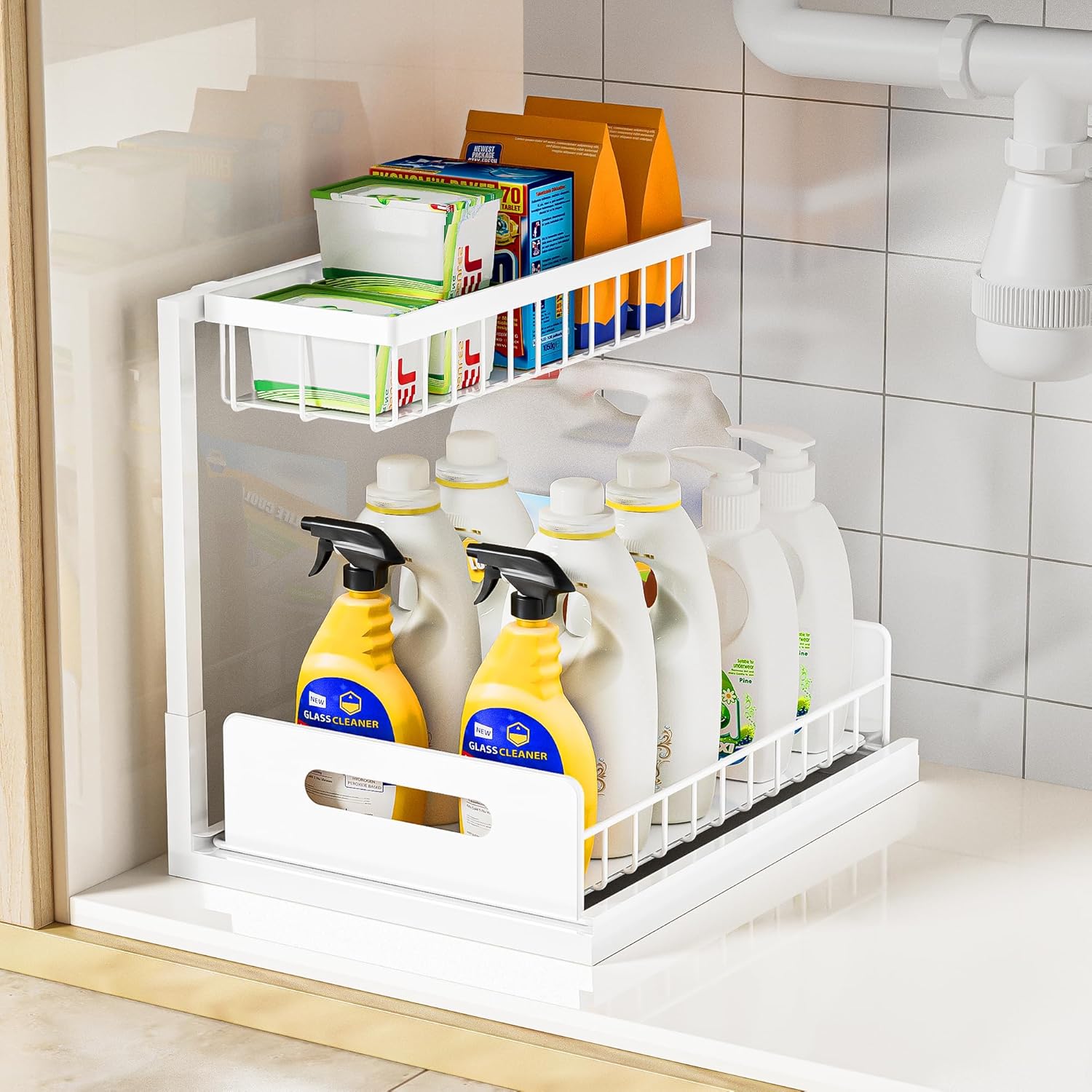 VUSIGN Under Kitchen Sink Organizer 2 Tier, Pull Out Bathroom Sink Organizers and Storage, Cabinet Kitchen Bathroom Storage Organization Shelf, 1 Pack White