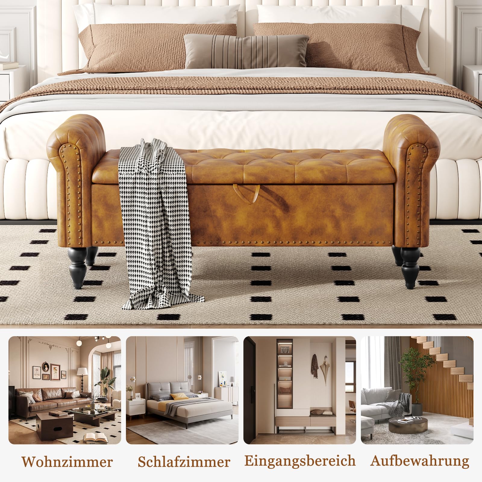 Sitzbank mit Stauraum 132cm, Aufbewahrungsbox, Fußbank, Bettbank, Sitztruhe mit Armlehnen aus PU-Kunstleder für Wohnzimmer Schlafzimmer Flur, GelbBraun