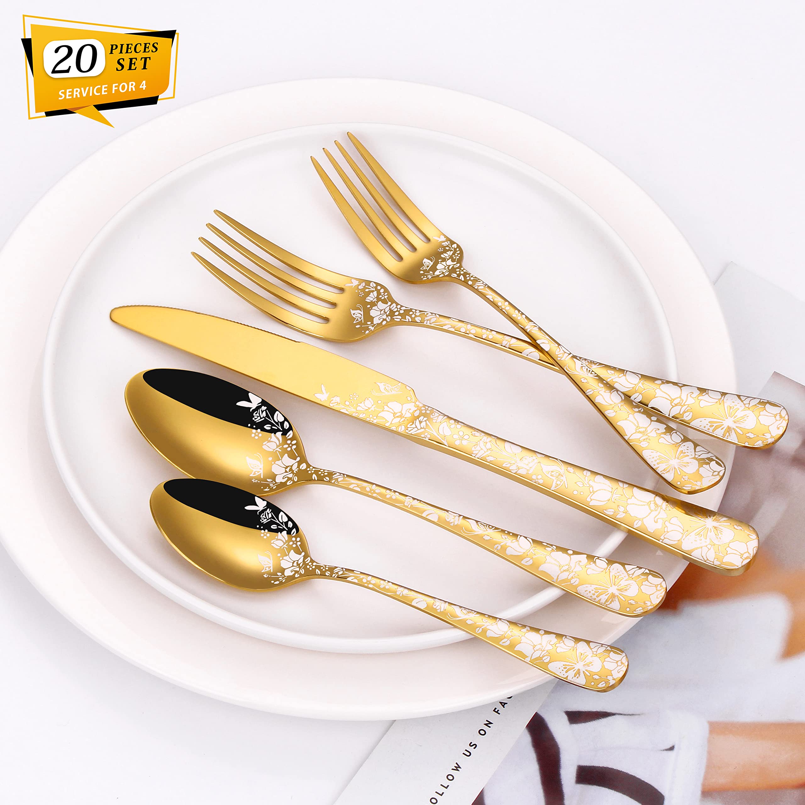 Stapava 20-Piece Gold Silverware Set for 4, Stainless Steel Flatware Cutlery Set, Unique Tableware Utensil Sets Include Forks, Spoons and Knives Set, Mirror Polished, Dishwasher Safe