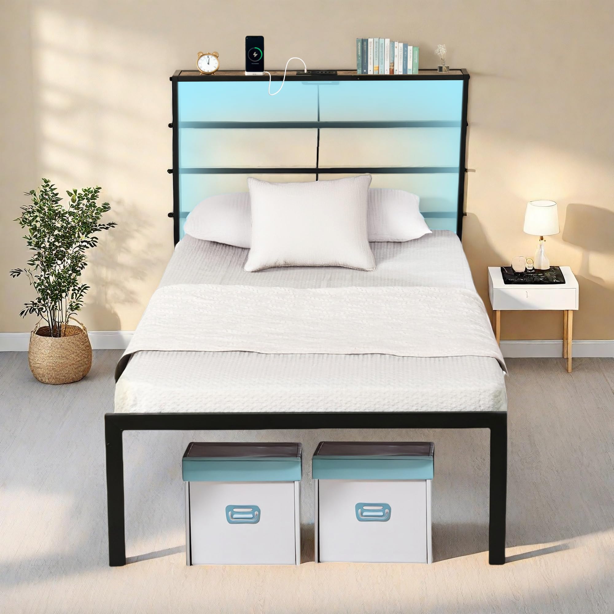Homy Casa Bed Frame with Headboard LED, 2 USB & 2 Outlets, Full/Twin Size Platform Bed with Under Bed Storage & Headshelf, Heavy Duty Metal Rustic Bed