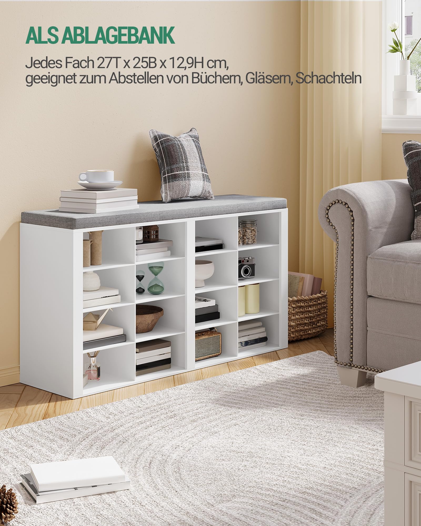 Hzuaneri Schuhbank mit Sitzfläche, Schuhschrank mit Sitzbank mit 16 Fächern, Eingangsbank Verstellbaren Ablagen für Wohnzimmer, Schlafzimmer, Flur, Weiß-Grau, SB25603GY