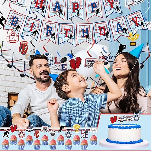 Miniatura 6 de 27 piezas de suministros de fiesta de cumpleaños de hockey bola de hielo, regalos de fiesta de hockey para cupcakes, remolinos colgantes,