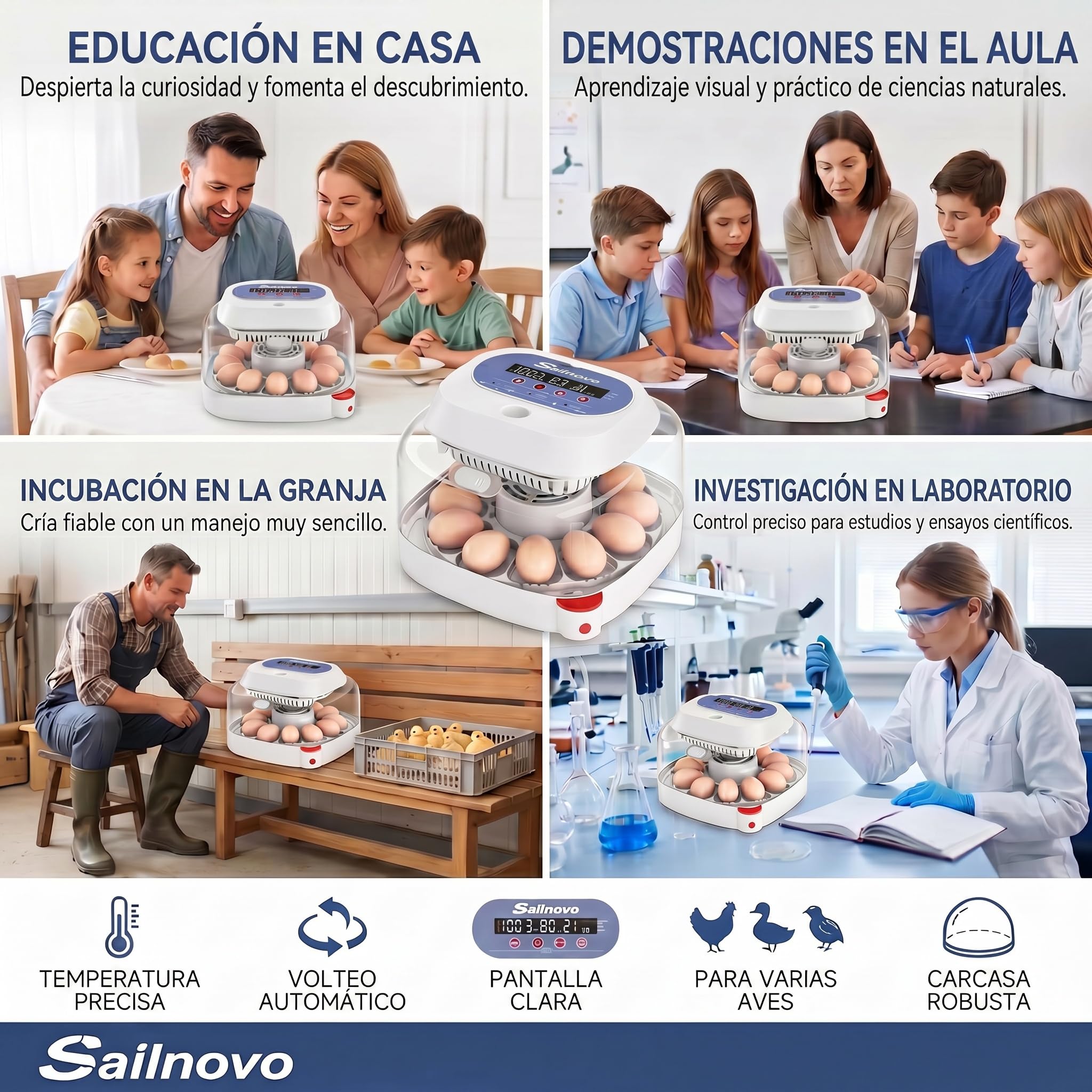 Sailnovo incubadora automática para 12 huevos, 4 modos para aves, con volteo automático, control de temperatura y alarma de humedad, incubadora para huevos de gallina, pato y codorniz (Azul)