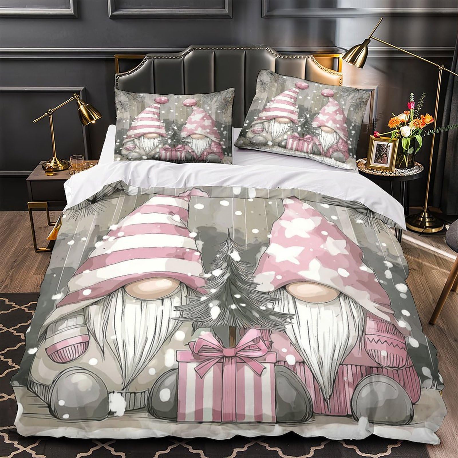 Housse de couette gnomes de Noël zip résistant anti-glisse 140x200