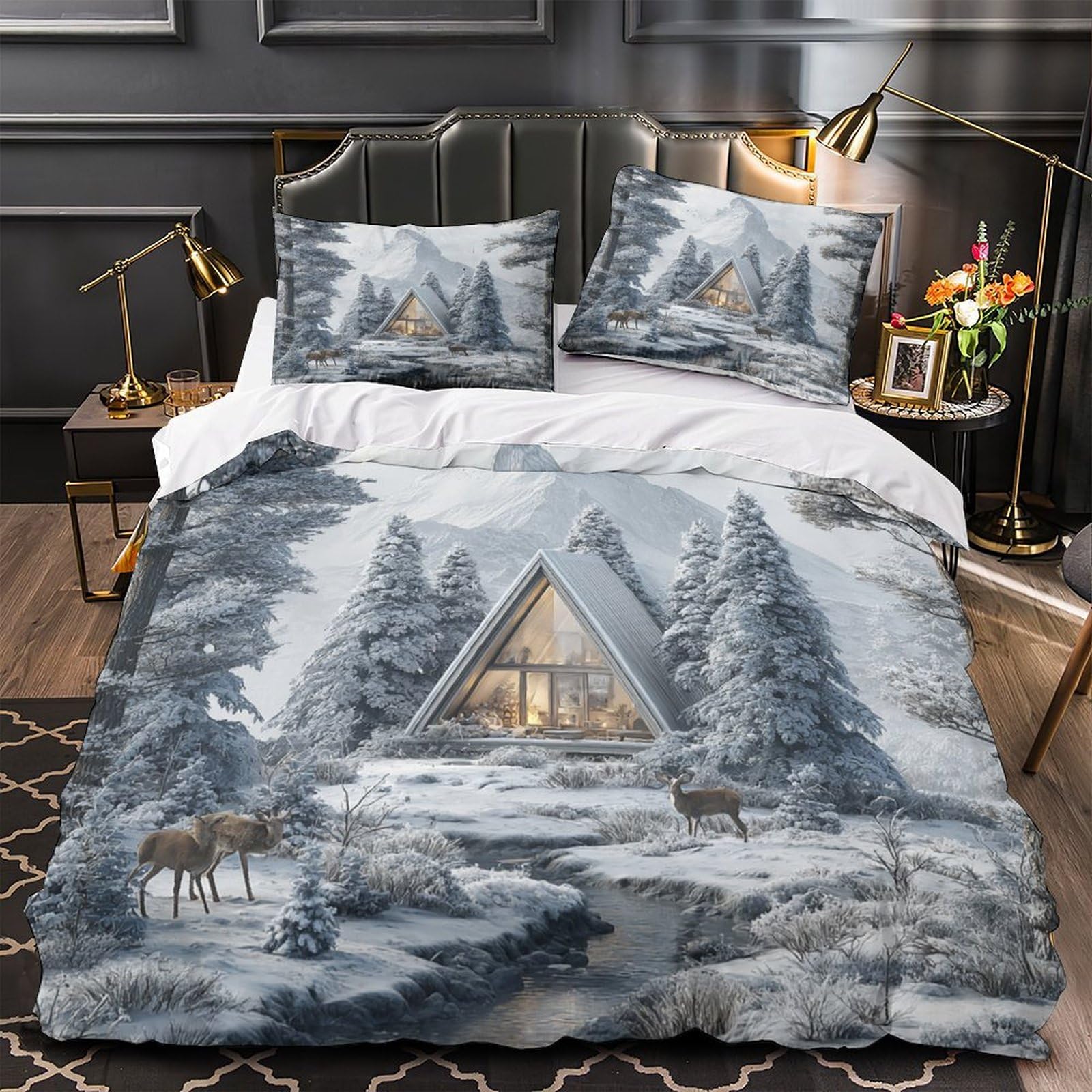 Chalet enneigé housse de couette microfibre 135x200 parure de lit 3D confortable