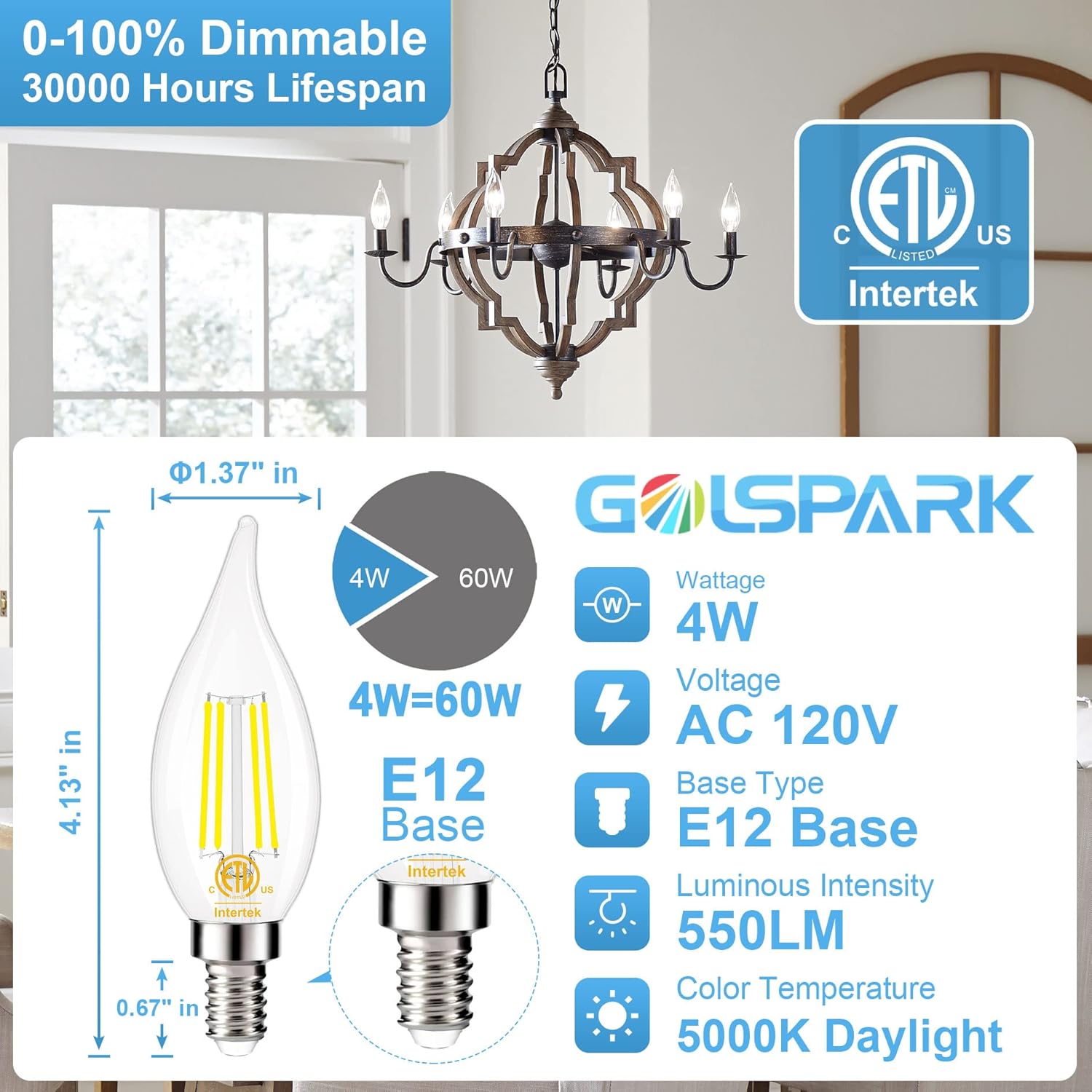 GOLSPARK 16P E12 Led Bulb Dimmable 4W 5000K Daylight, Type B Light Bulb 60W Equivalent, E12 Small Base Candelabra Led Light Bulbs, B11 Chandelier Candle Light Bulbs for Fan Light, Flame Tip, 550LM