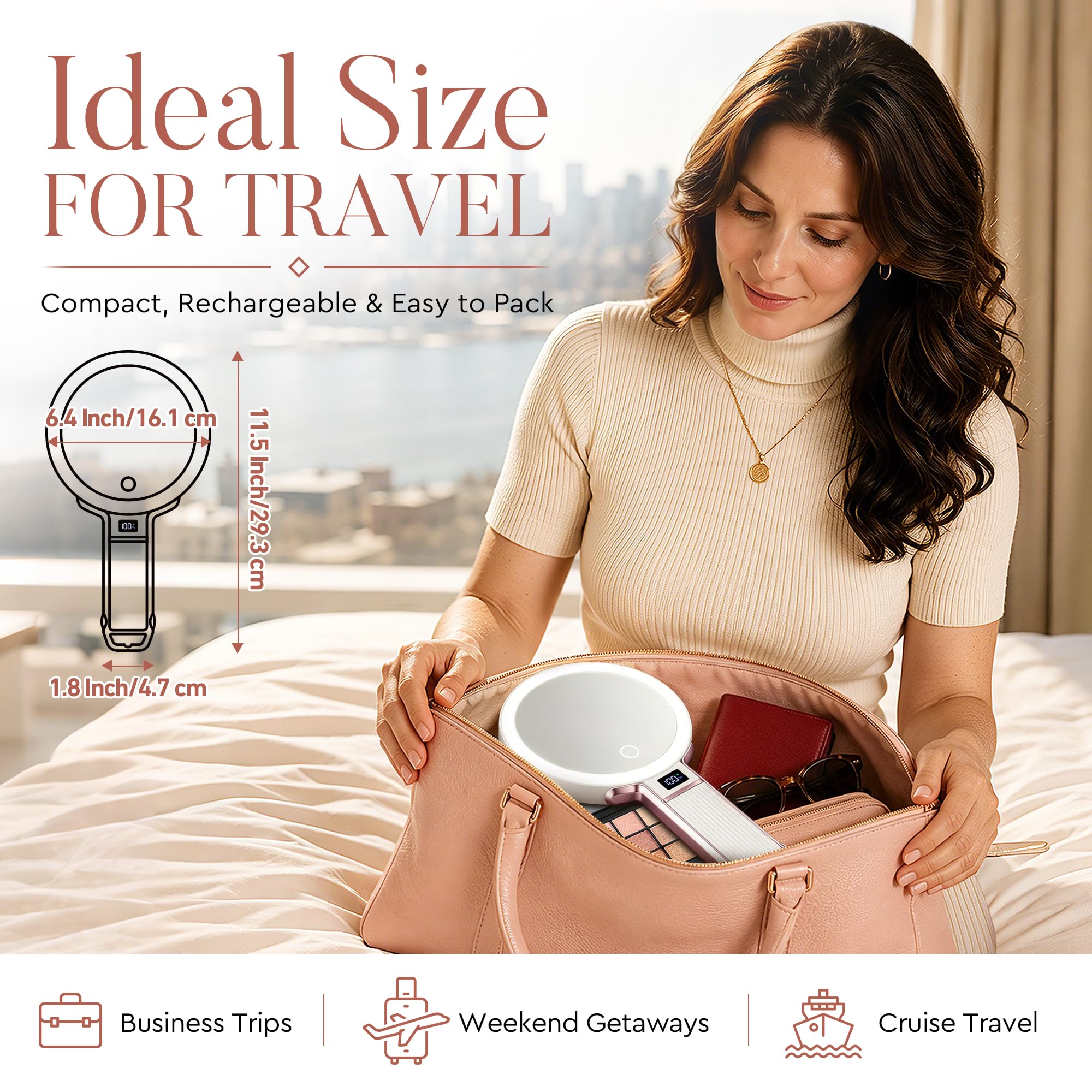 MIYADIVA Specchio da trucco da viaggio con luci, regolabile in altezza 30X/1X, specchio ingranditore a doppia faccia, specchio portatile con display digitale e supporto per telefono, da appendere al