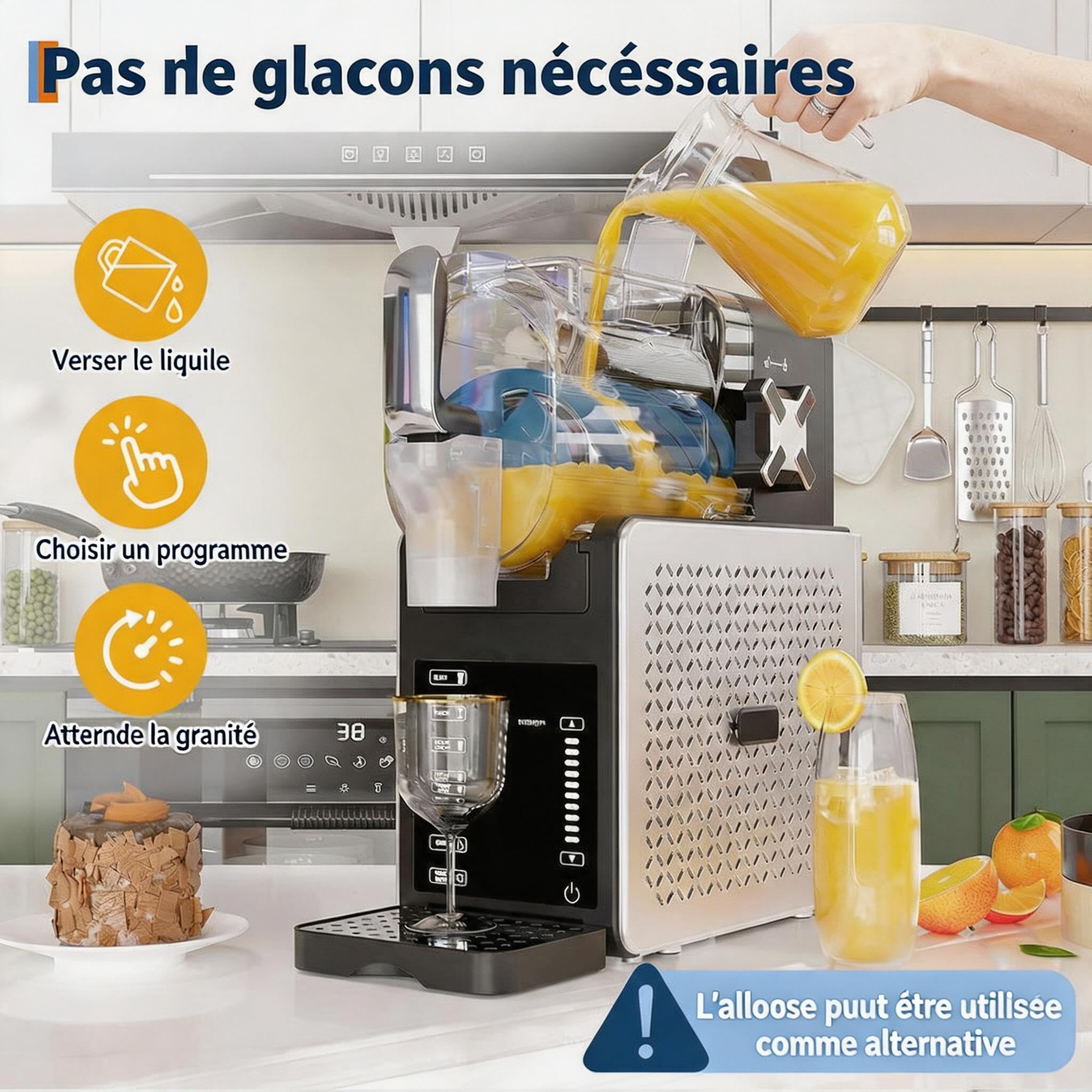 Machine à Granité 1,9L Sans Glace - 6 Programmes Automatiques, Autonettoyage, Écran LED, <45dB - Slush Maker pour Cocktails, Frappés, Milkshakes, Jus Glacés