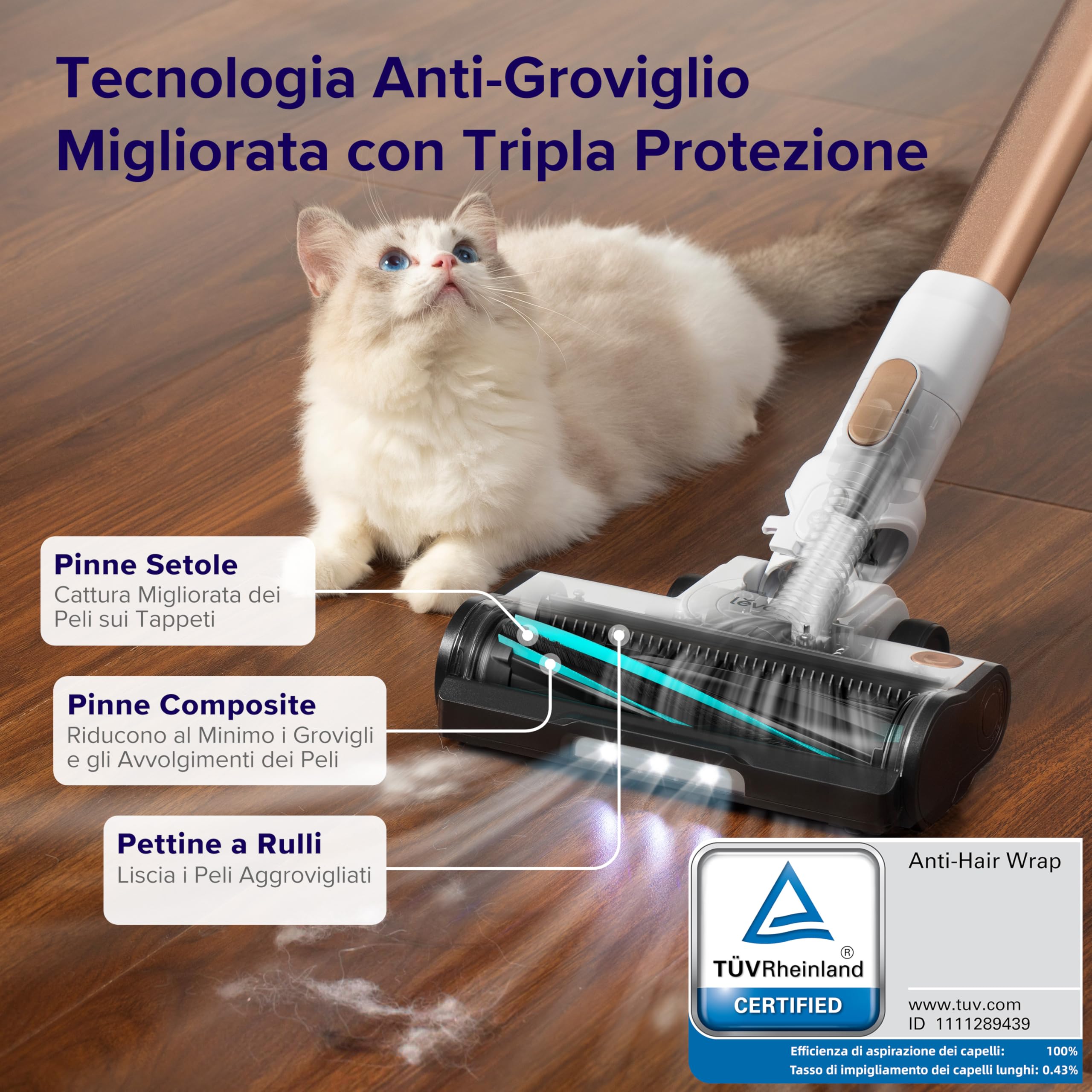 LEVOIT Aspirapolvere Senza Fili con Tecnologia Antigroviglio, 3 Modalità, 12-50 Minuti, Filtrazione al 5 Stadi, Scopa Elettrica Senza Fili con 3 Spazzole, per Peli, Pavimento, Auto, Oro Rosa