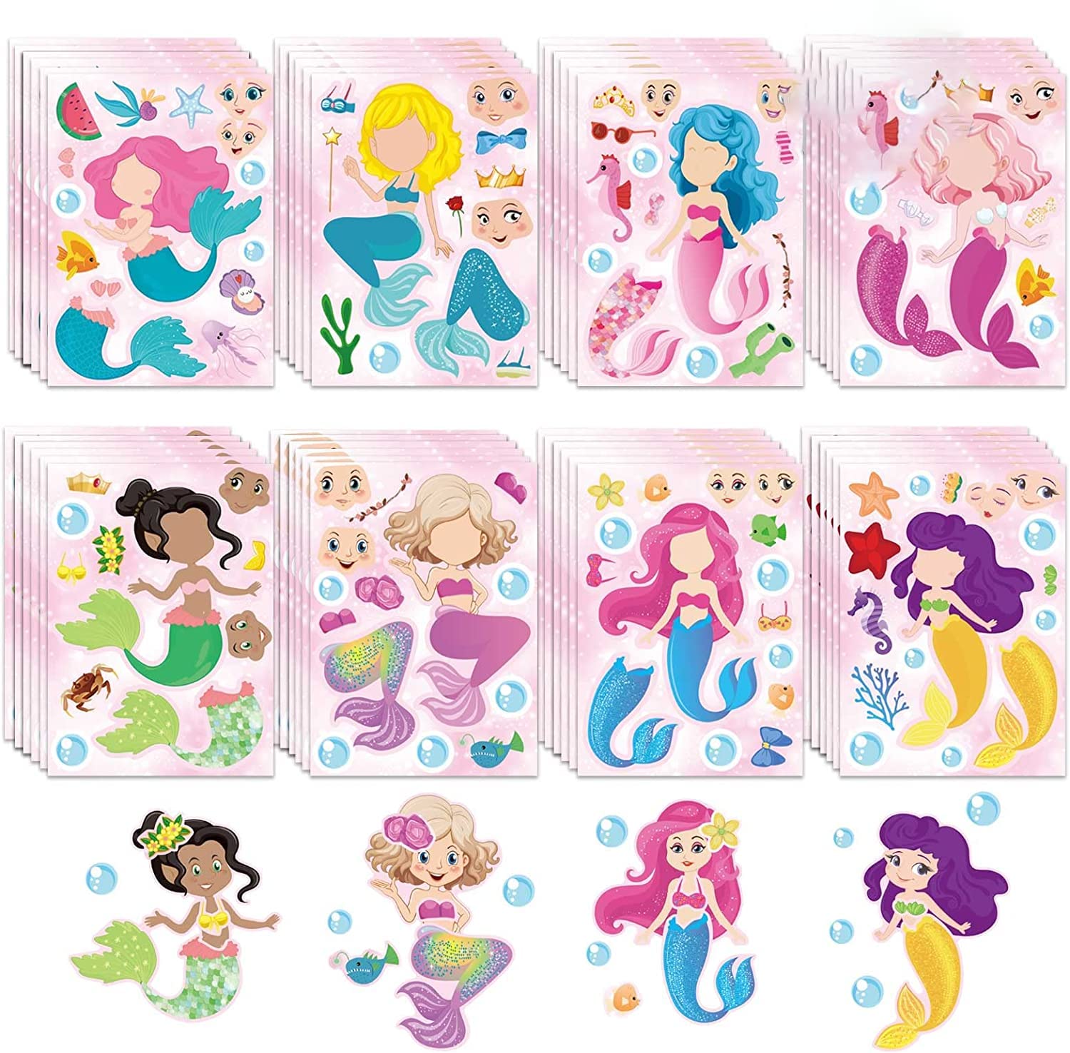 YLMKDE 32 PCS Kids Party Favor Set,Mermaid Make-a-face Sticker Sheets Make Your Own Animal Mermaid Mix and Match Sticker Sheets with Safaris, Mermaid and Animals Kids Party Favor Supplies Craft