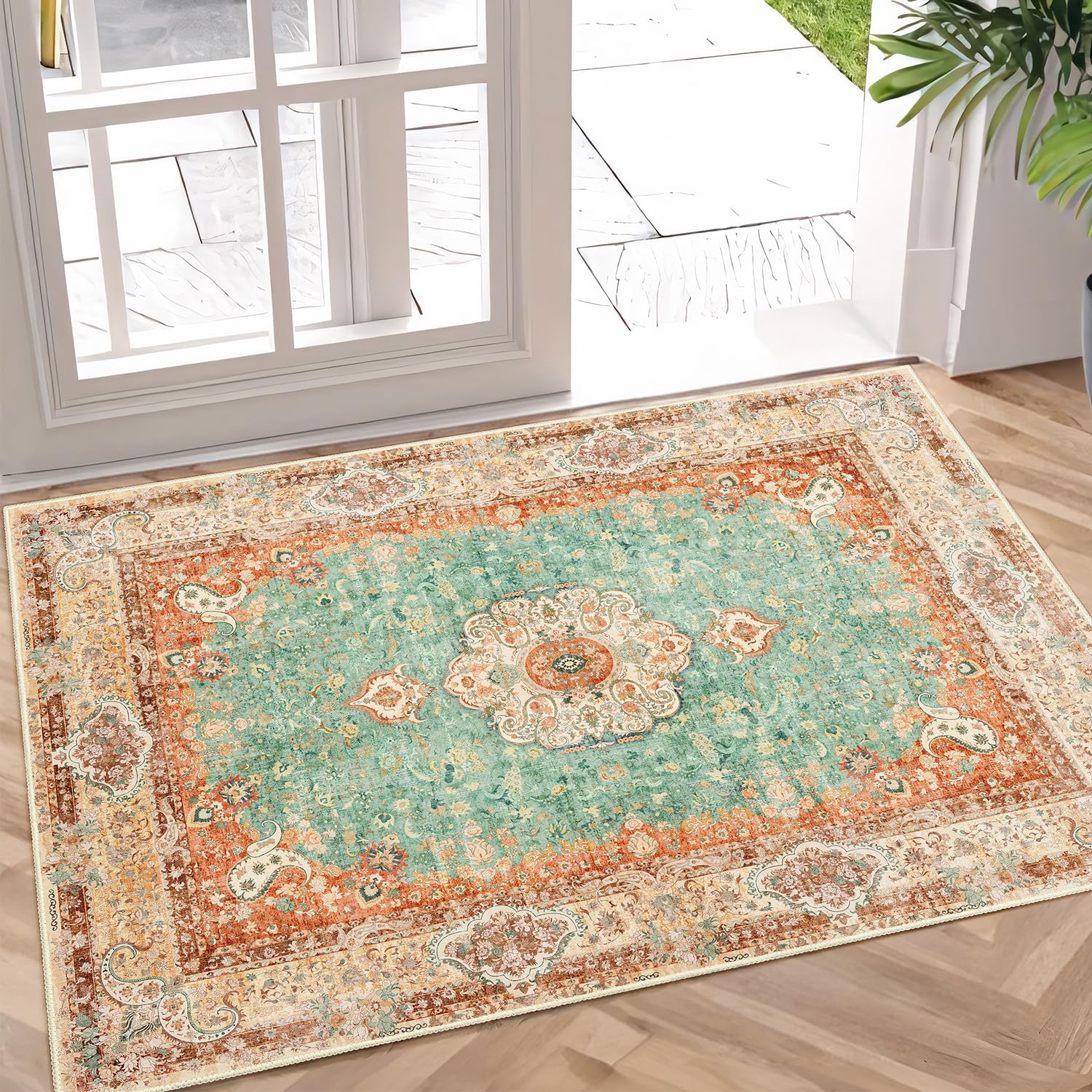 Castage Small Rugs 2x3,Boho Rug for Entryway Bathroom Bedroom Kitchen Entrance Doormat,Vintage Bohemian Distressed Farmhouse Washable Accent Floor Throw Carpet Non Slip,Retro Orange Green Floral โ image 1