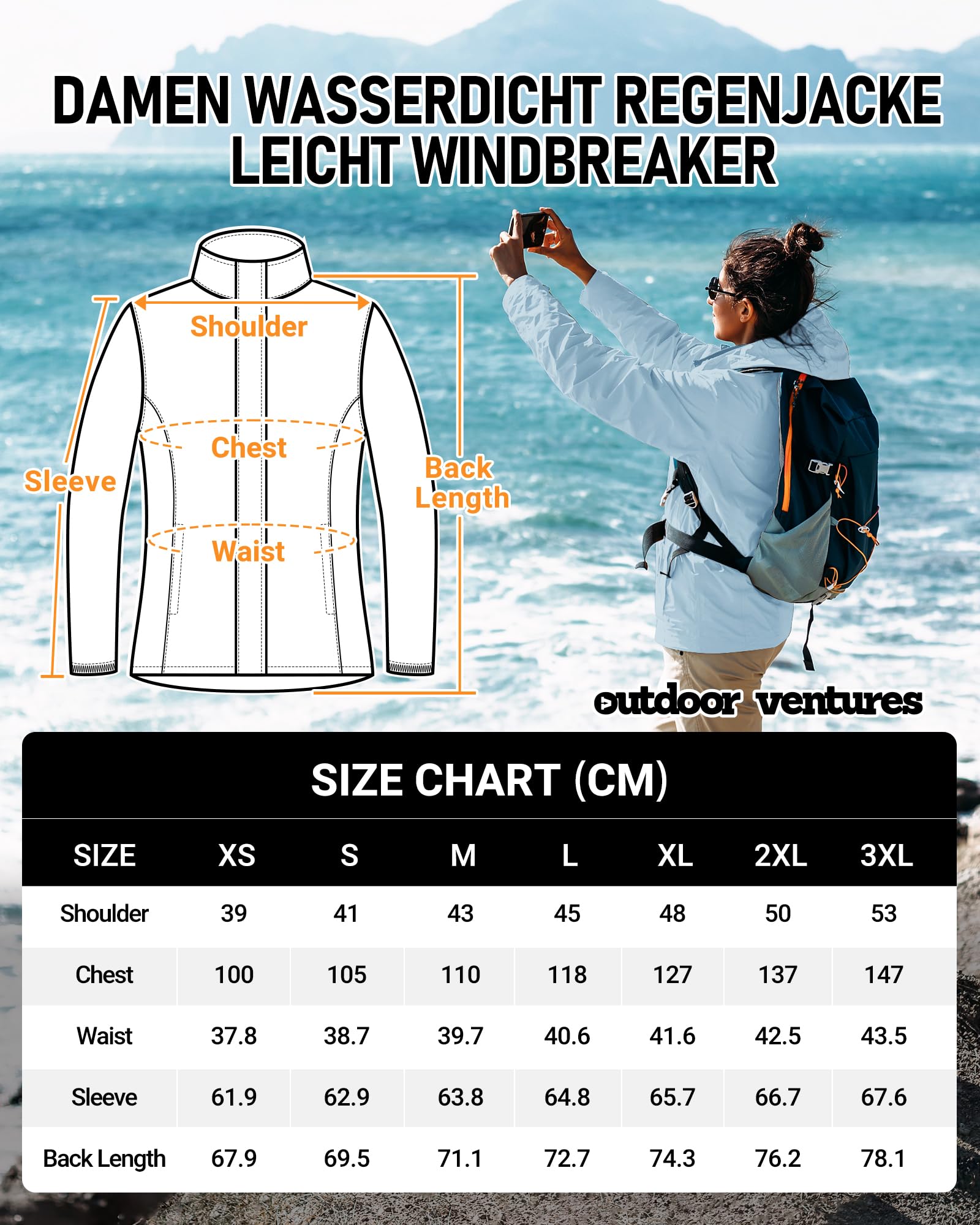 Outdoor Ventures Giacca impermeabile da donna, leggera, con cappuccio, per le mezze stagioni, da ciclismo, per attività all'aria aperta